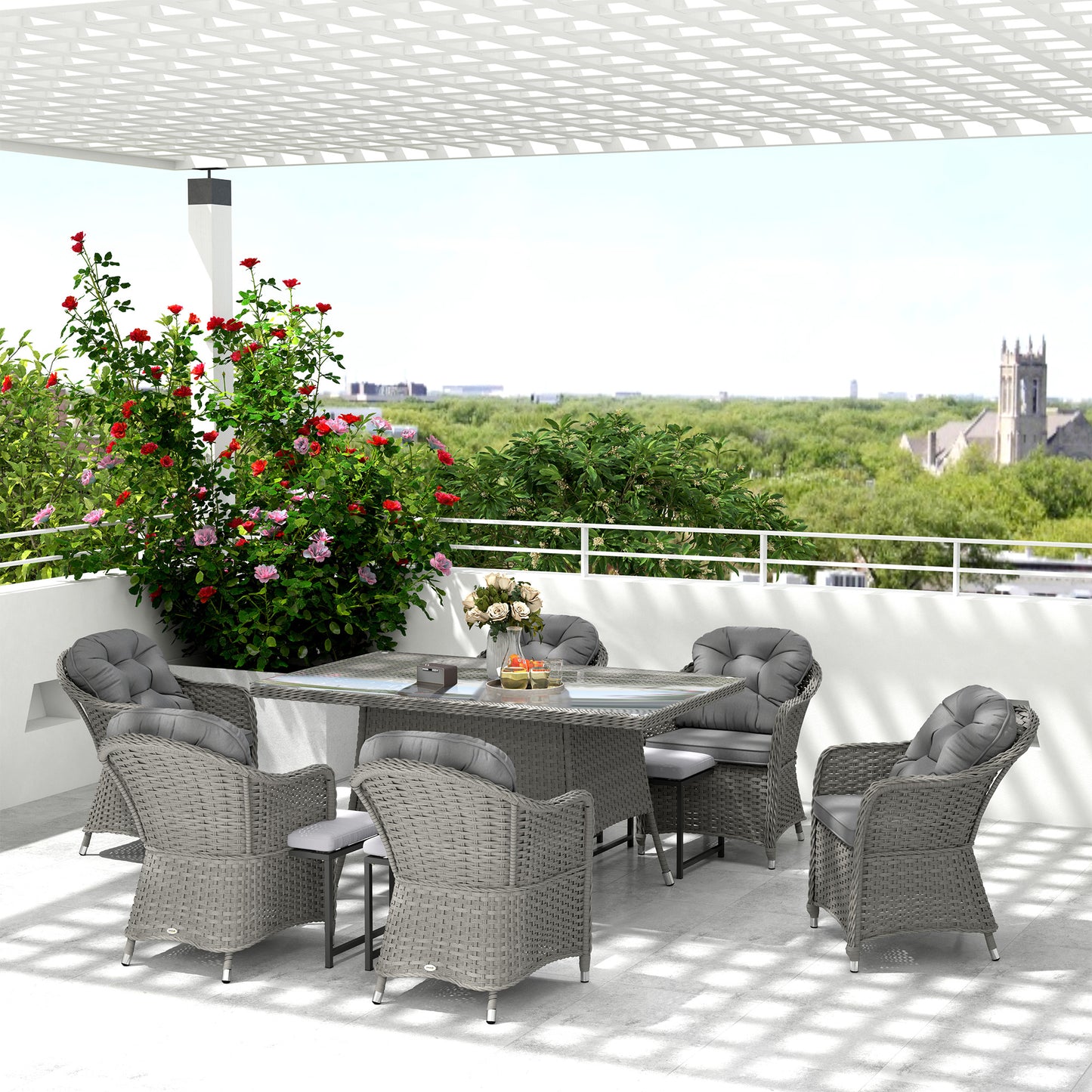 Outsunny 6 Seater Rattan Dining Set with Cushions, PE Rattan Garden Furniture, Rectangular Glass Table with Umbrella Hole, Light Grey
