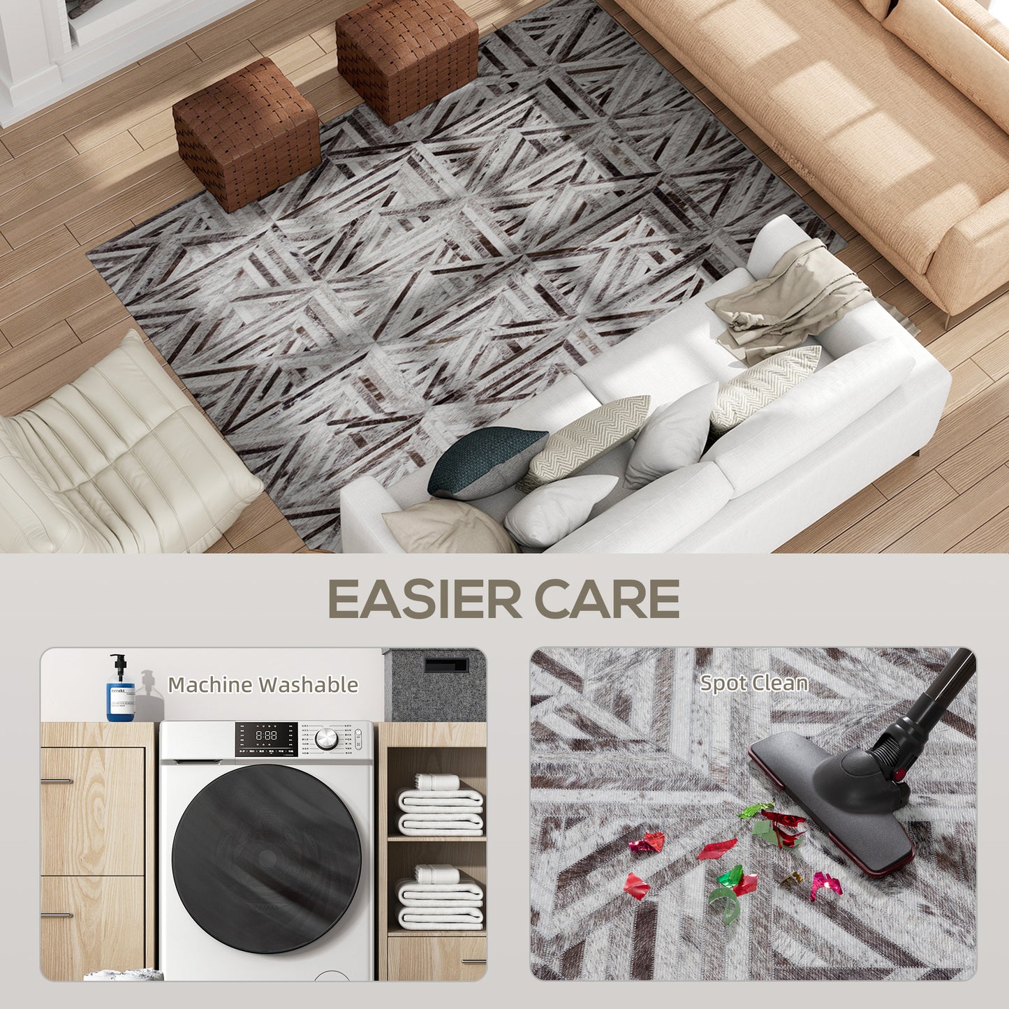 HOMCOM Modern Area Rug, Triangle Pattern Non-Slip Washable Chenille Carpet for Living Room, Bedroom, Dining Room, Office, 230x160 cm, Brown