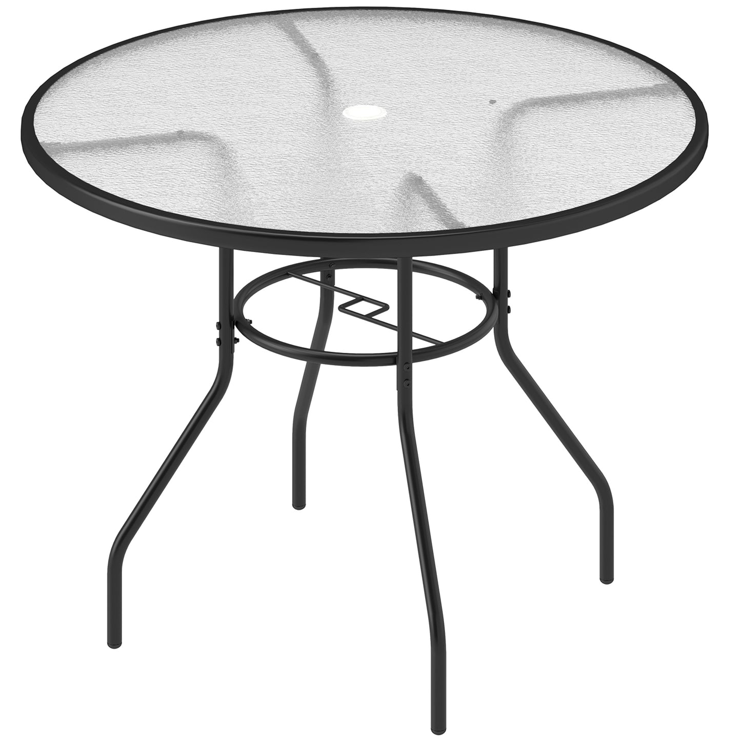 Outsunny 100 cm Round Dining Table with Parasol Hole, Outdoor Coffee End Side Table with Tempered Glass Top, Steel Frame for Garden, Black