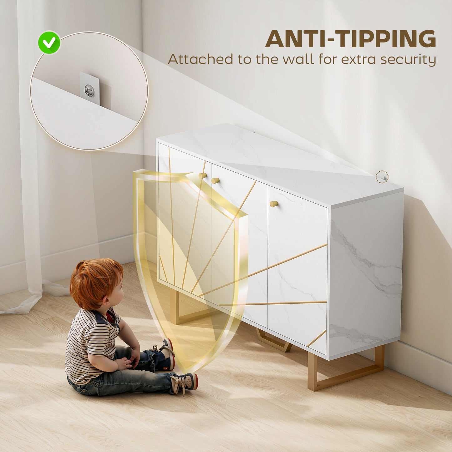 HOMCOM Sideboard Storage Cabinet, Modern Cupboard with Adjustable Shelves & Metal Legs for Living Room, Kitchen, Dining, Entryway, White Marble Tone