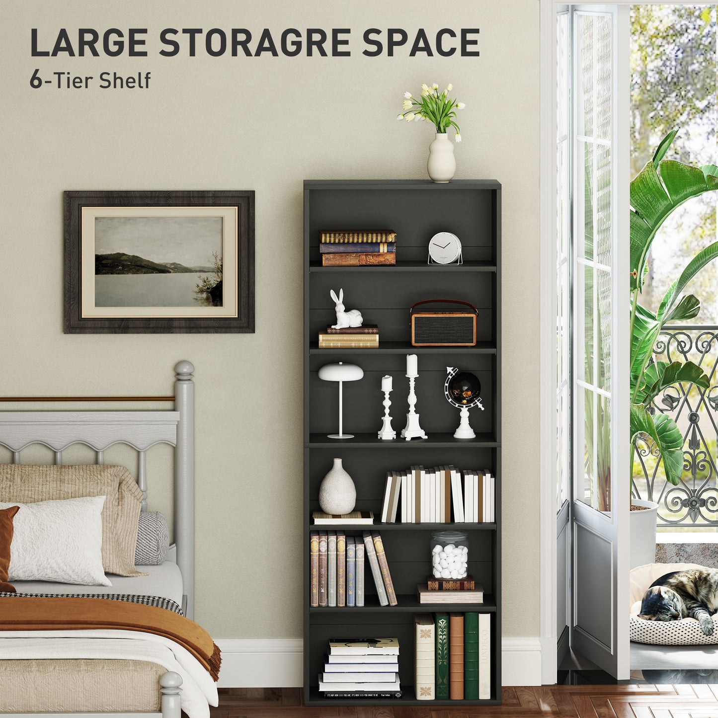 HOMCOM 6 Tier Bookshelf, Freestanding Bookcase with Adjustable Shelves, Storage Unit for Living Room, Bedroom, Study, Black