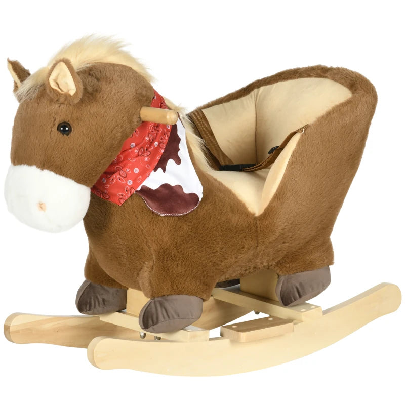 HOMCOM Kids Rocking Horse, with Safety Harness, Sounds, Foot Pedals - Brown
