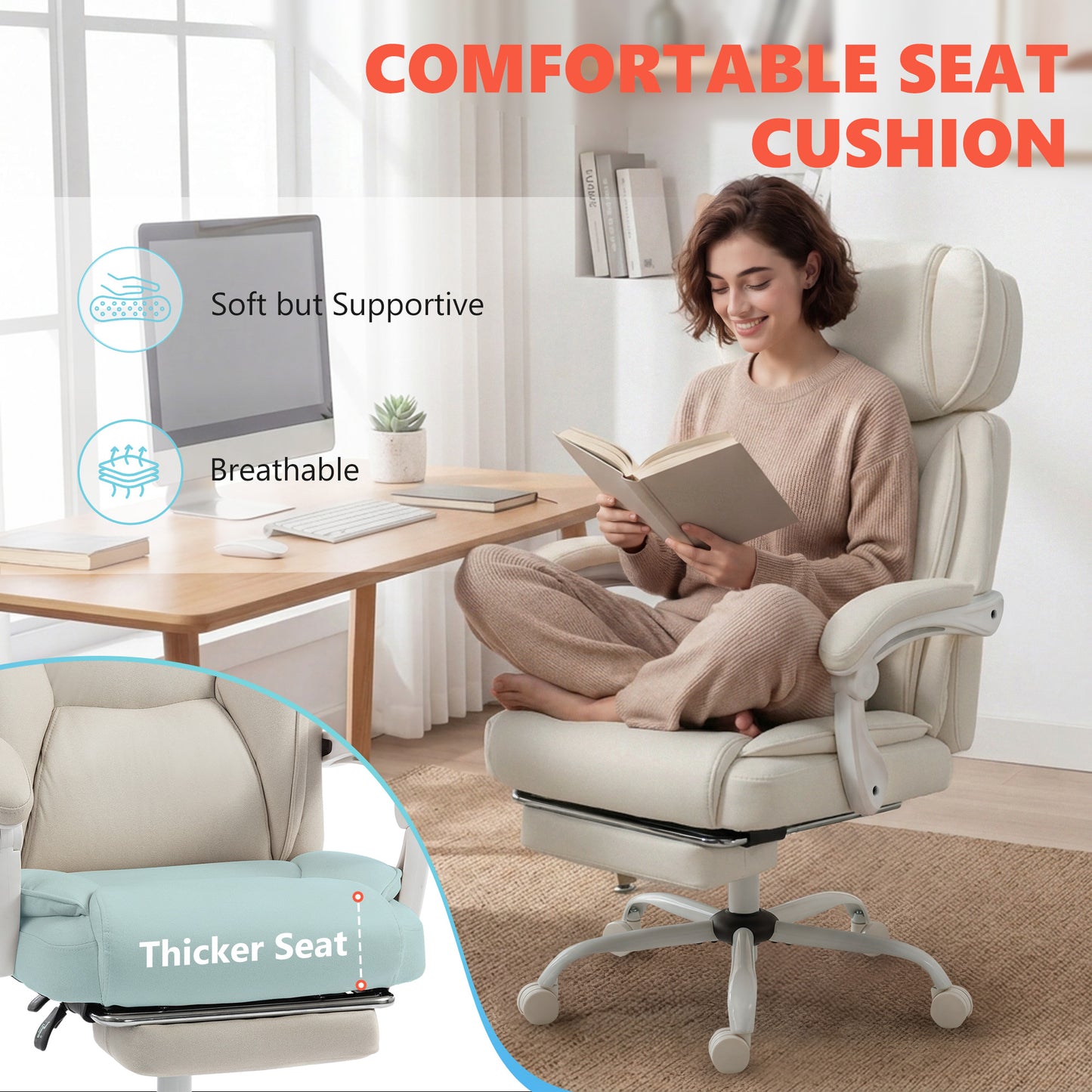 HOMCOM Office Chair with Massage, Heat, Adjustable Headrest, Leathaire‌ Reclining Desk Chair with Footrest, Cream White