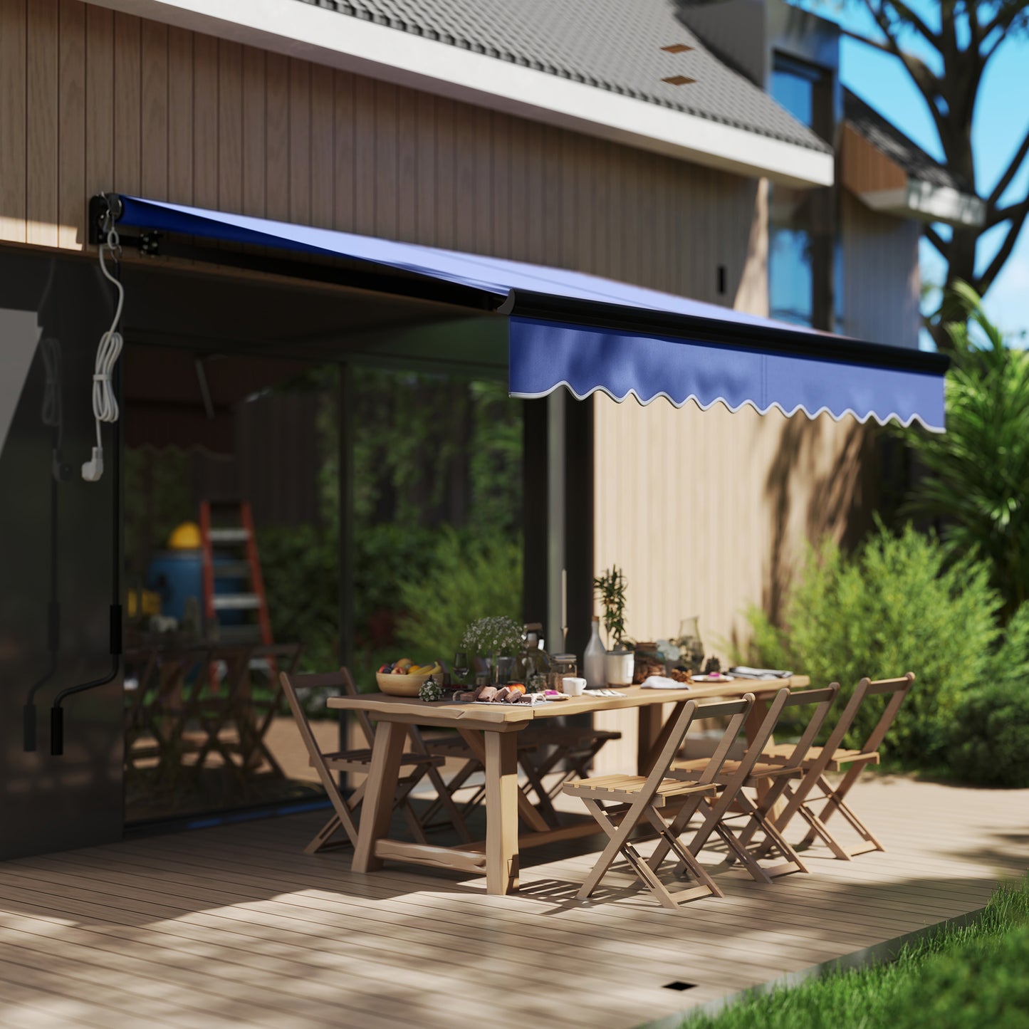 Outsunny 2.5x2m Electric Awning, LED & Remote, Aluminium Frame, UV50+ Canopy for Garden/Patio, Blue
