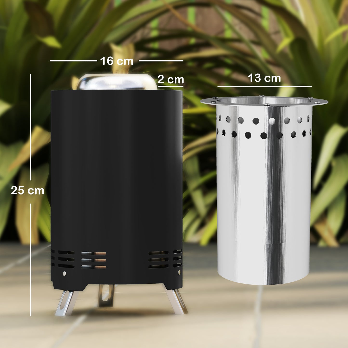 Outsunny Smokeless Fire Pit, 16 x 16 cm Stainless Steel Portable Wood Burning Tabletop Firepit with Poker, Garden Camping, Black