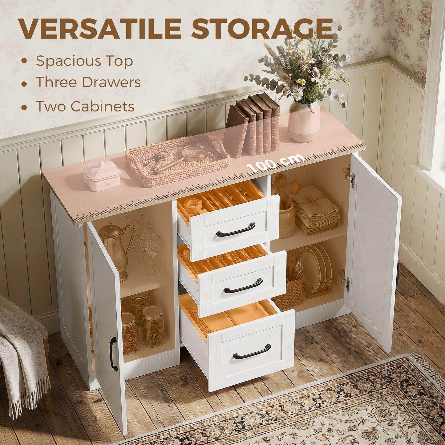 HOMCOM Sideboard Storage Cabinet, Modern 110 cm Buffet Storage Cabinet with 3 Drawers and 2 Soft Close Doors, White