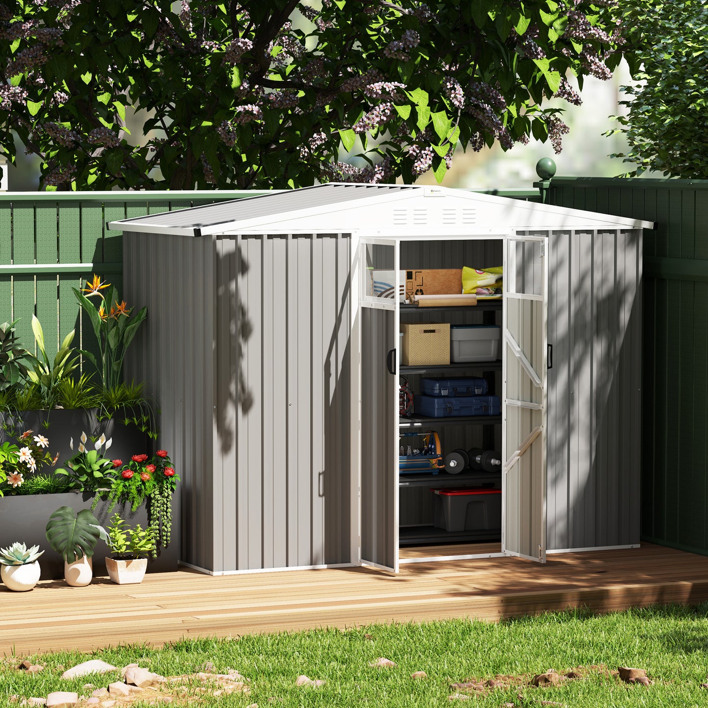 Outsunny Metal Garden Shed, 8 x 4 ft Storage Shed with Window, Vents, Lockable Door, Waterproof Steel Tool Storage, Light Grey