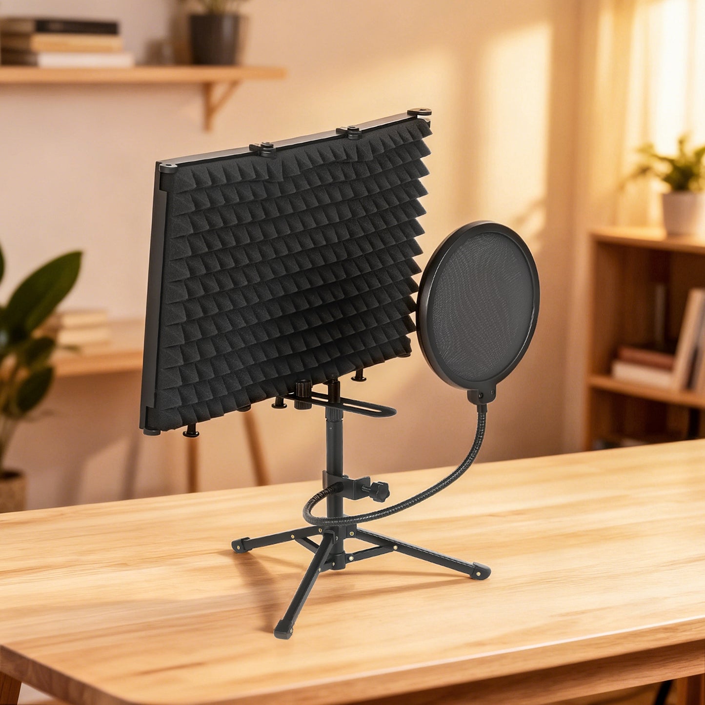 HOMCOM Studio Microphone Isolation Shield with Pop Filter & Tripod Stand, Foldable 3-Panel Foam Shield, 3/8" Threaded Mount, Black