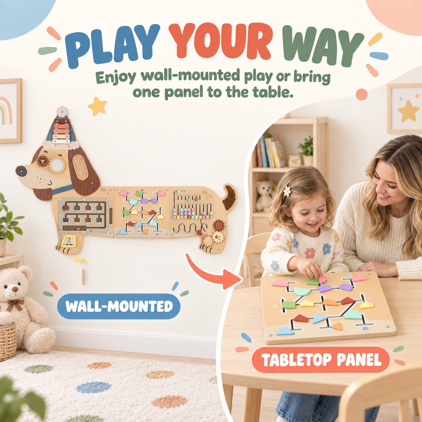 AIYAPLAY Montessori Inspired Busy Board, Wooden Dachshund Sensory Wall Panel for kids Touch, Feel & Learn, Classroom, Playroom