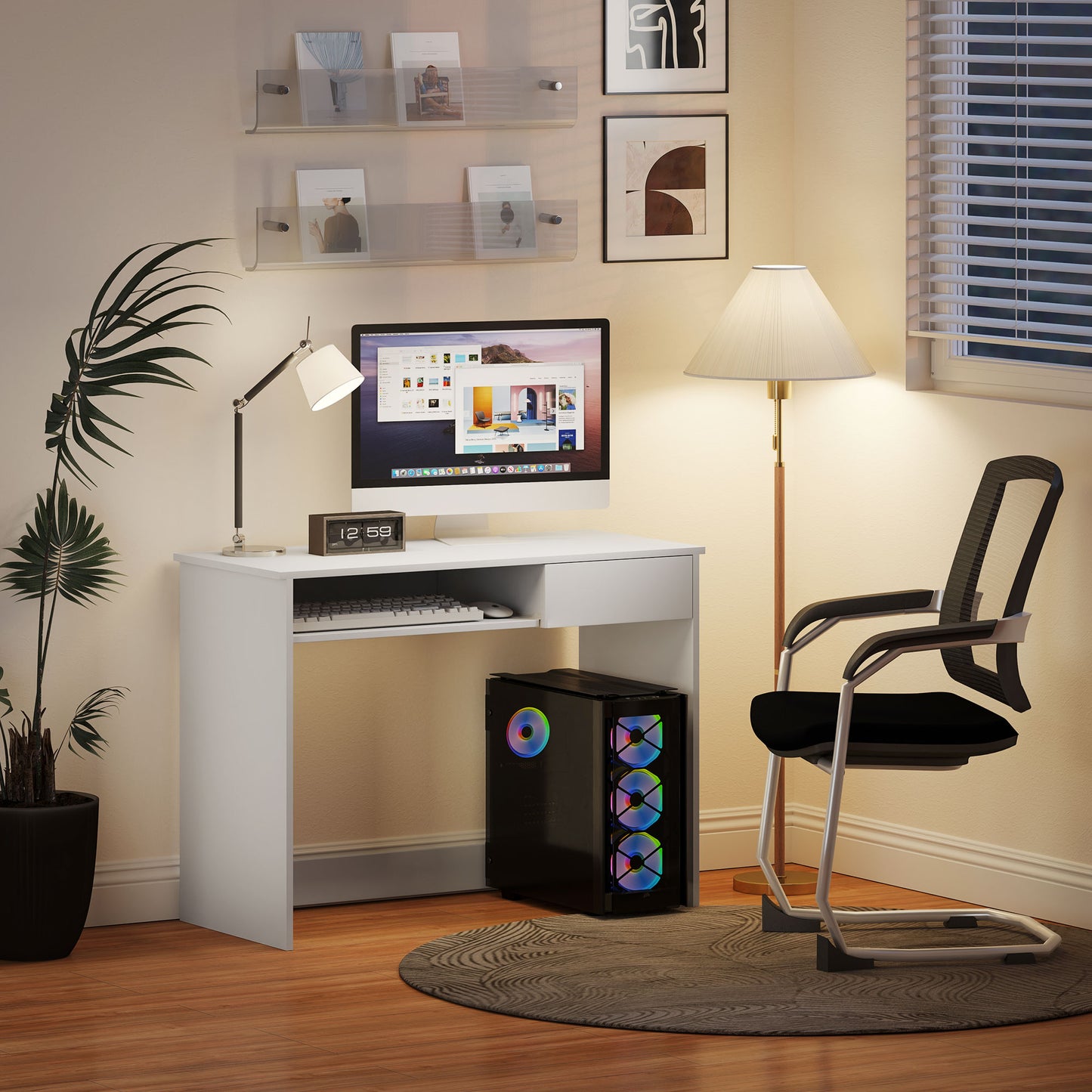 HOMCOM Compact Computer Desk with Keyboard Tray, Home Office Desk with Drawer for Bedroom Study, White
