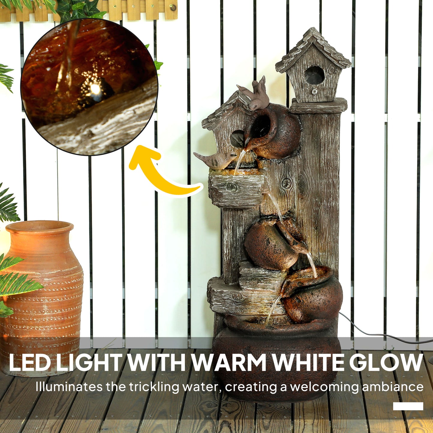 Outsunny 2-in-1 Resin Waterfall Fountain with Birdhouse & LED Lights, Tree Trunk Design, Cascading Water Feature, Multi-colour