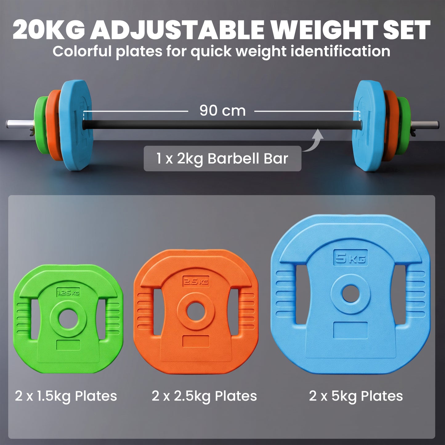 SPORTNOW 20 kg Adjustable Barbell Weights Set, Barbell Bar with Weight Plates, Non-slip Handle, Multicolour