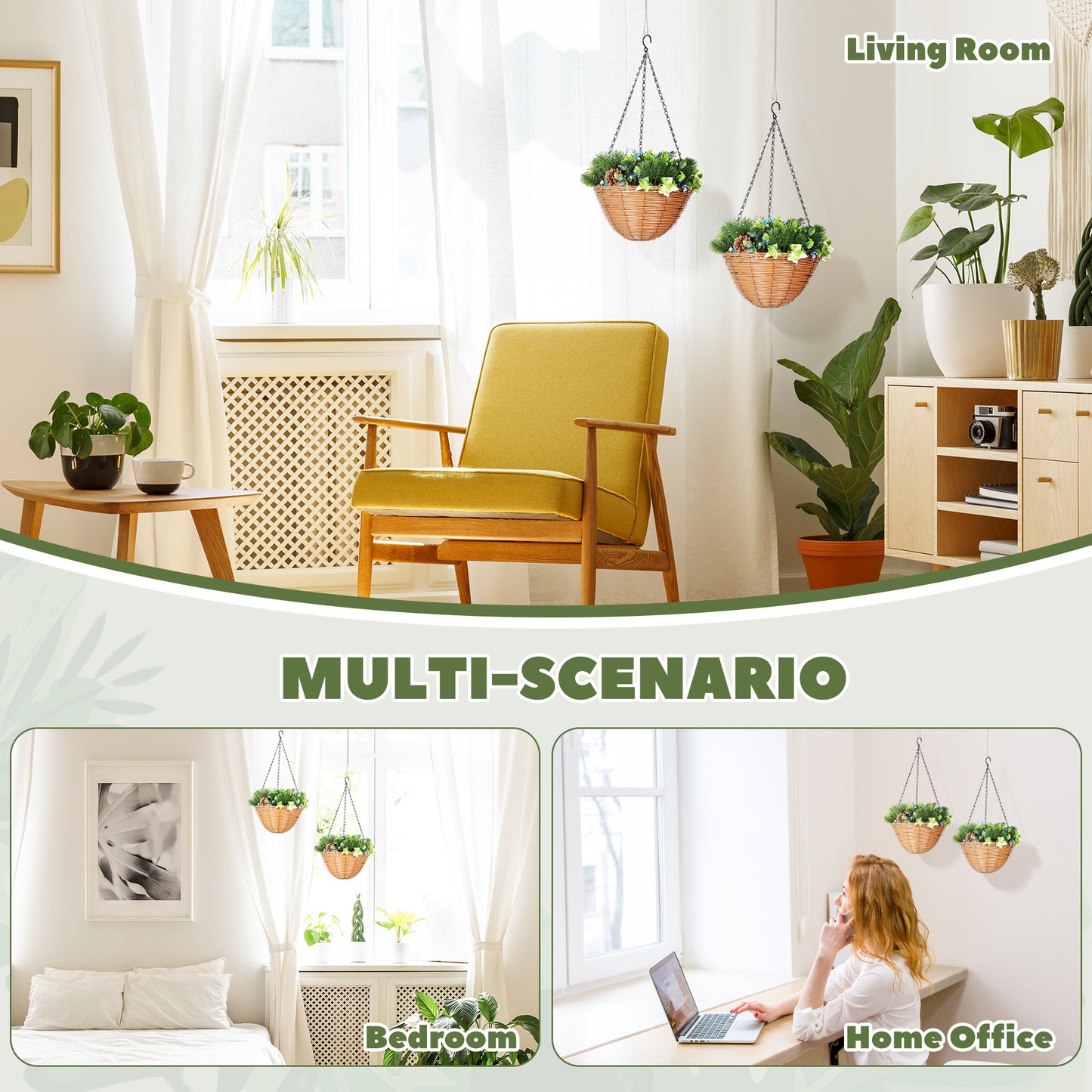 HOMCOM Artificial Flowers in Basket, Set of 2, with PE Leaves, 18 Flowers & 3 Pinecones, Decorative Faux Plant for Home/Office Decor, Green