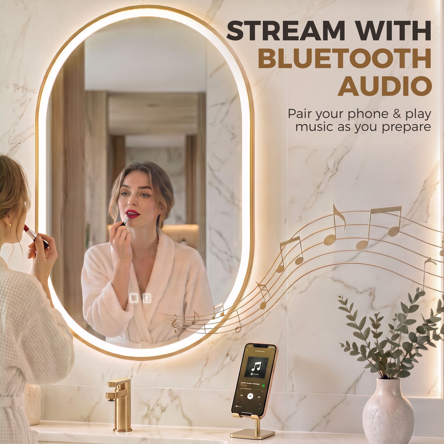 HOMCOM Bathroom Mirror with LED Lights, 100x70cm Oval Bathroom Mirror, Dimmable, Bluetooth, Anti-Fog, Gold Tone