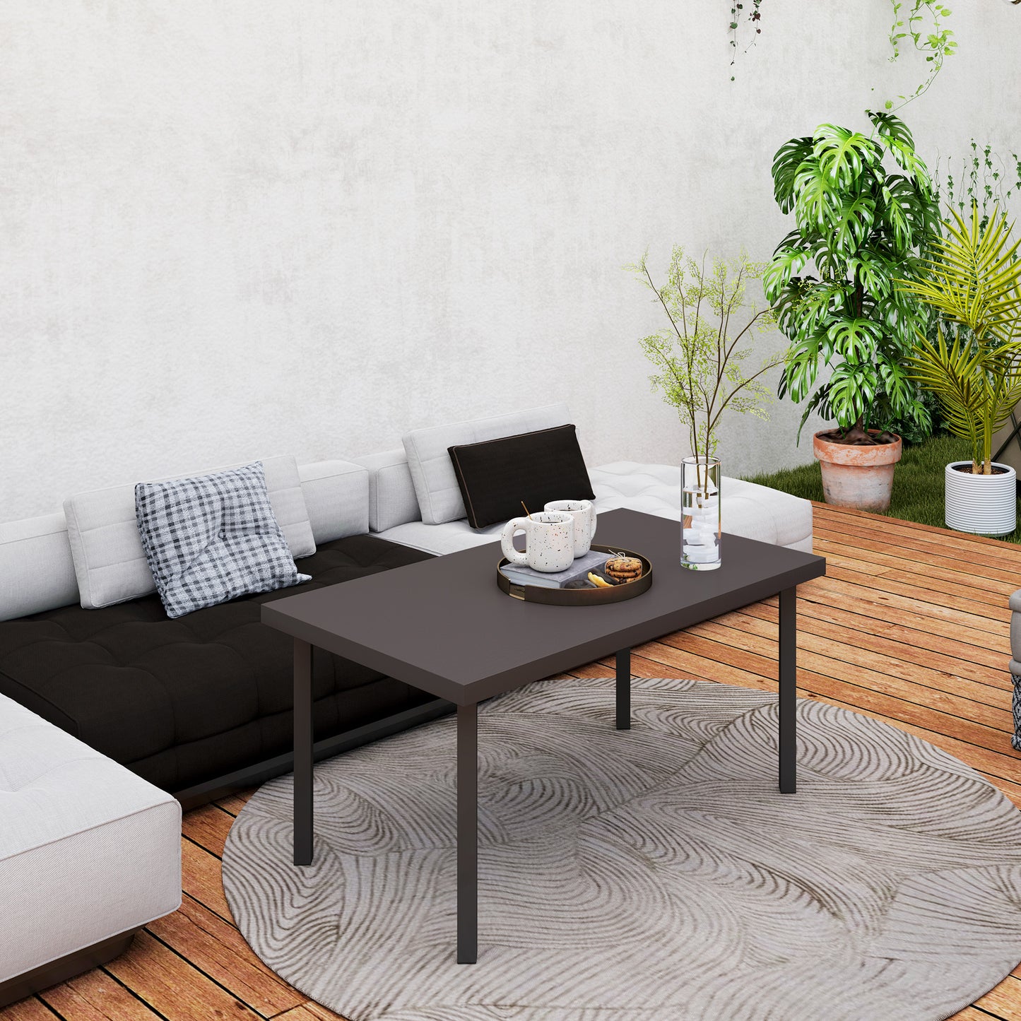 Outsunny Rectangular Metal Garden Coffee Table, Woodgrain Top, Foot Pads for Outdoor Use, 95x55x46cm, Brown