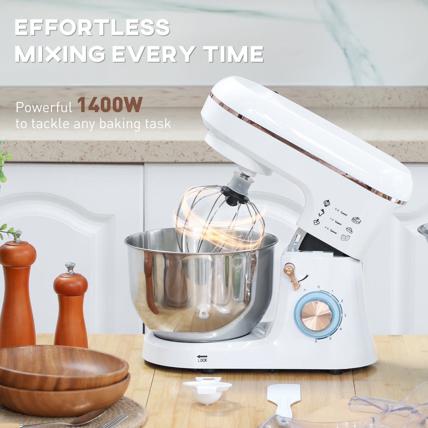 HOMCOM Stand Mixer, 5L, 1400W, 6 Speeds, Pulse, Hook, Whisk, Stainless Bowl, Splash Guard, Beater, White