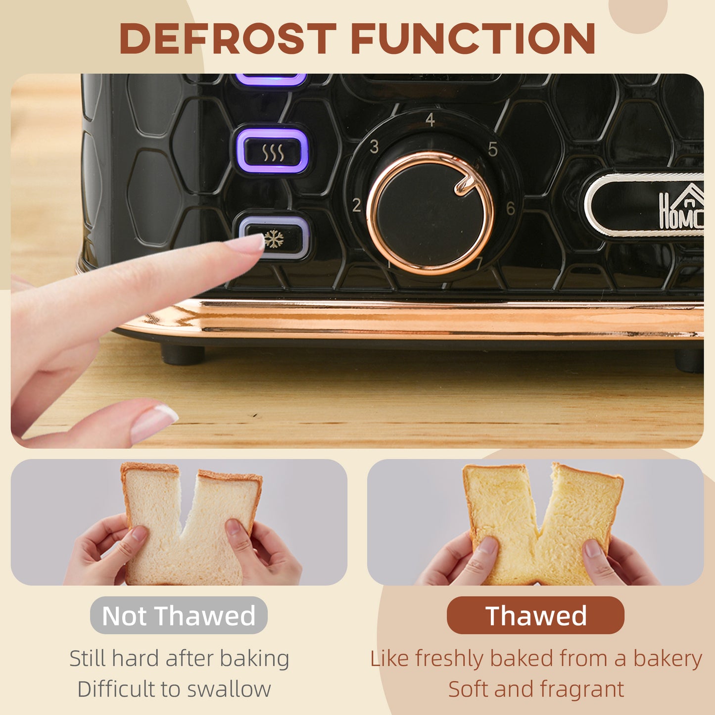HOMCOM 4 Slice Toaster with 7 Browning Levels 1600W, Black Honeycomb Texture