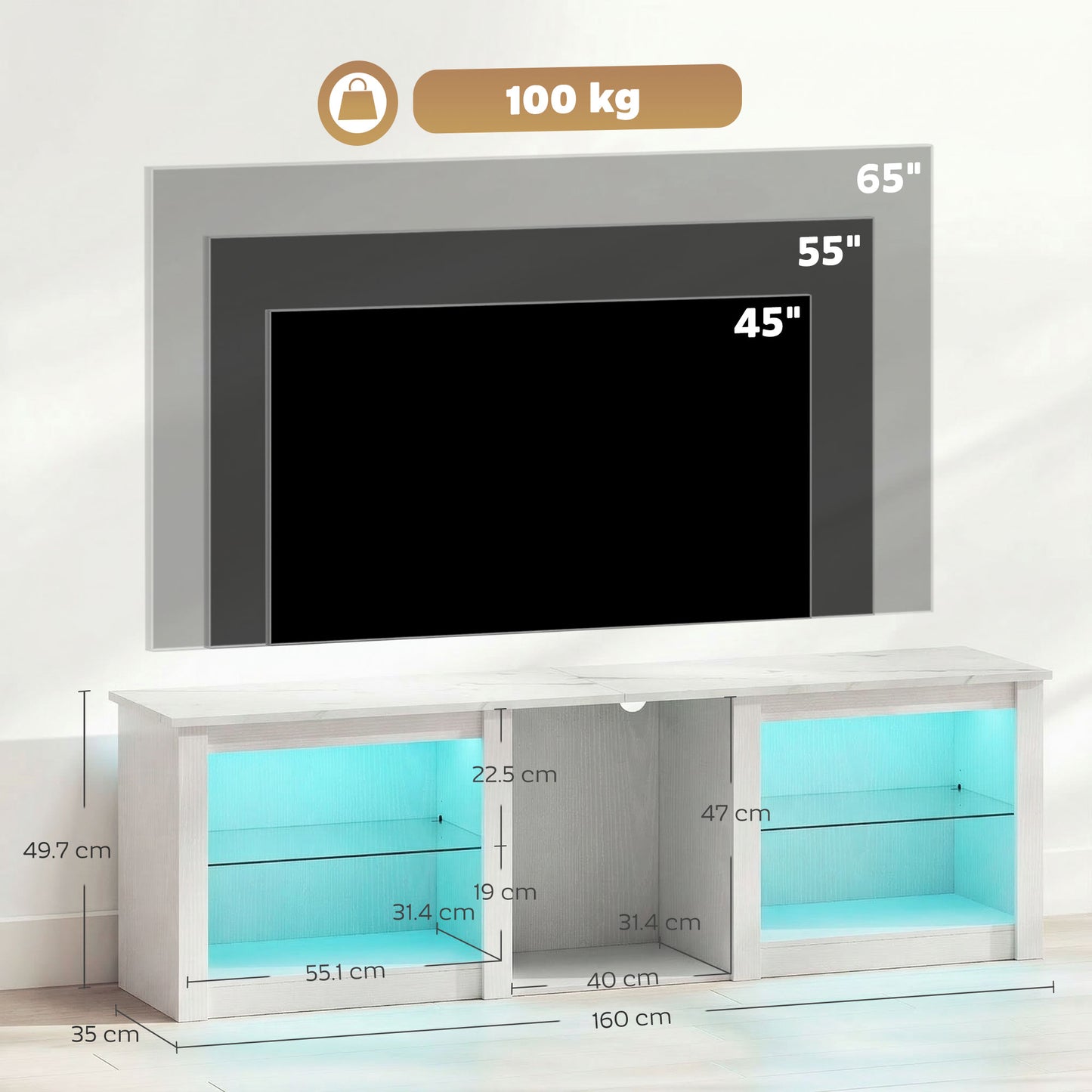HOMCOM 70in TV Stand, with LED Lights and Storage - White