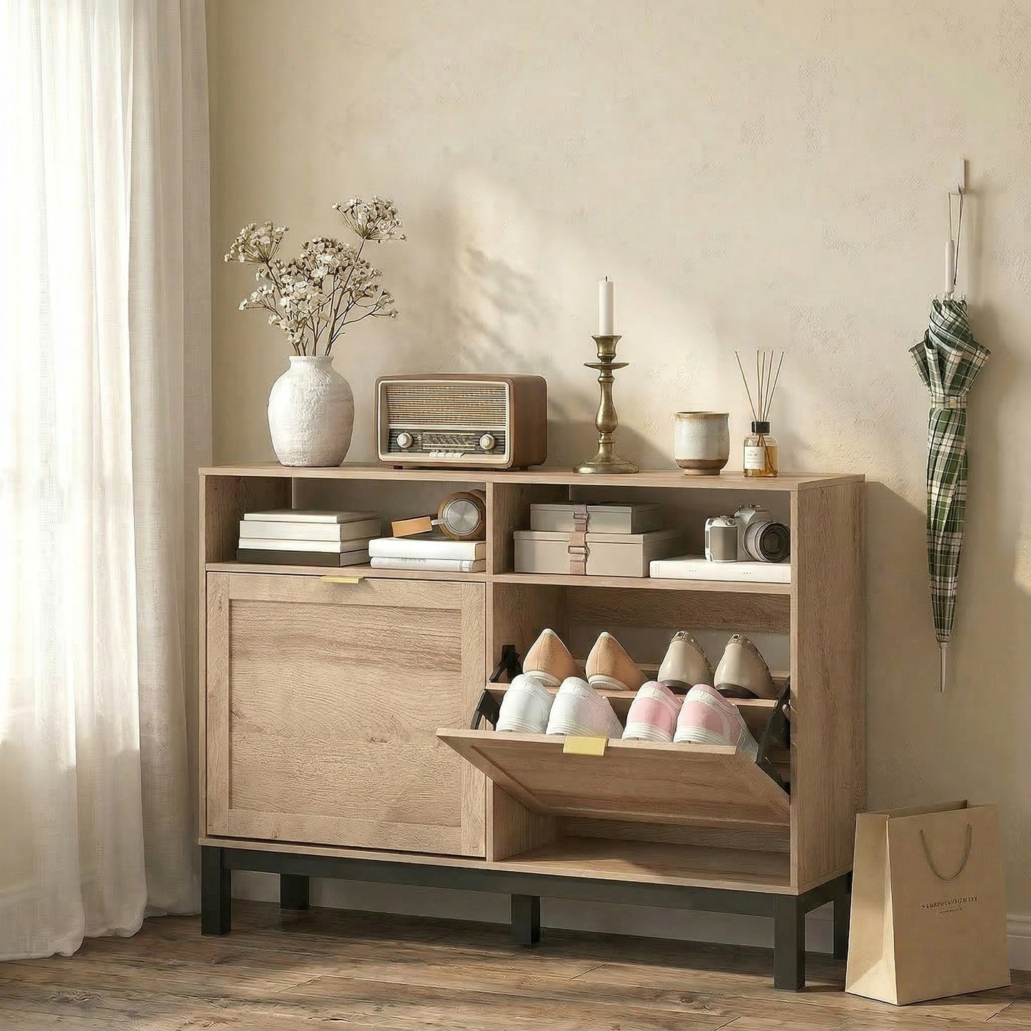 HOMCOM Shoe Cabinet with 2 Flip Drawers, Narrow Shoe Storage Top for Entryway Hallway, Walnut Brown