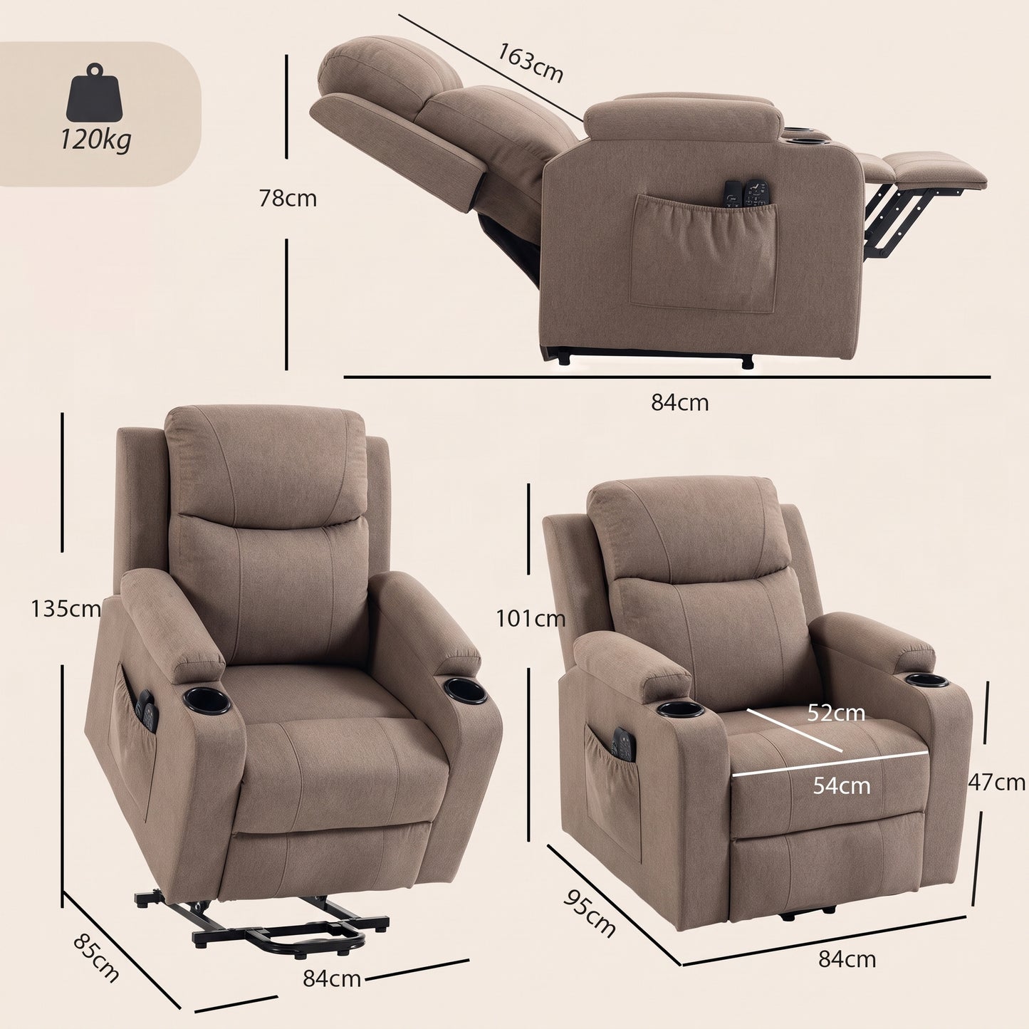 HOMCOM Riser Recliner Chair with Massage and Heat, Linen Electric Lift Armchair for Elderly with Spring Cushion, Brown