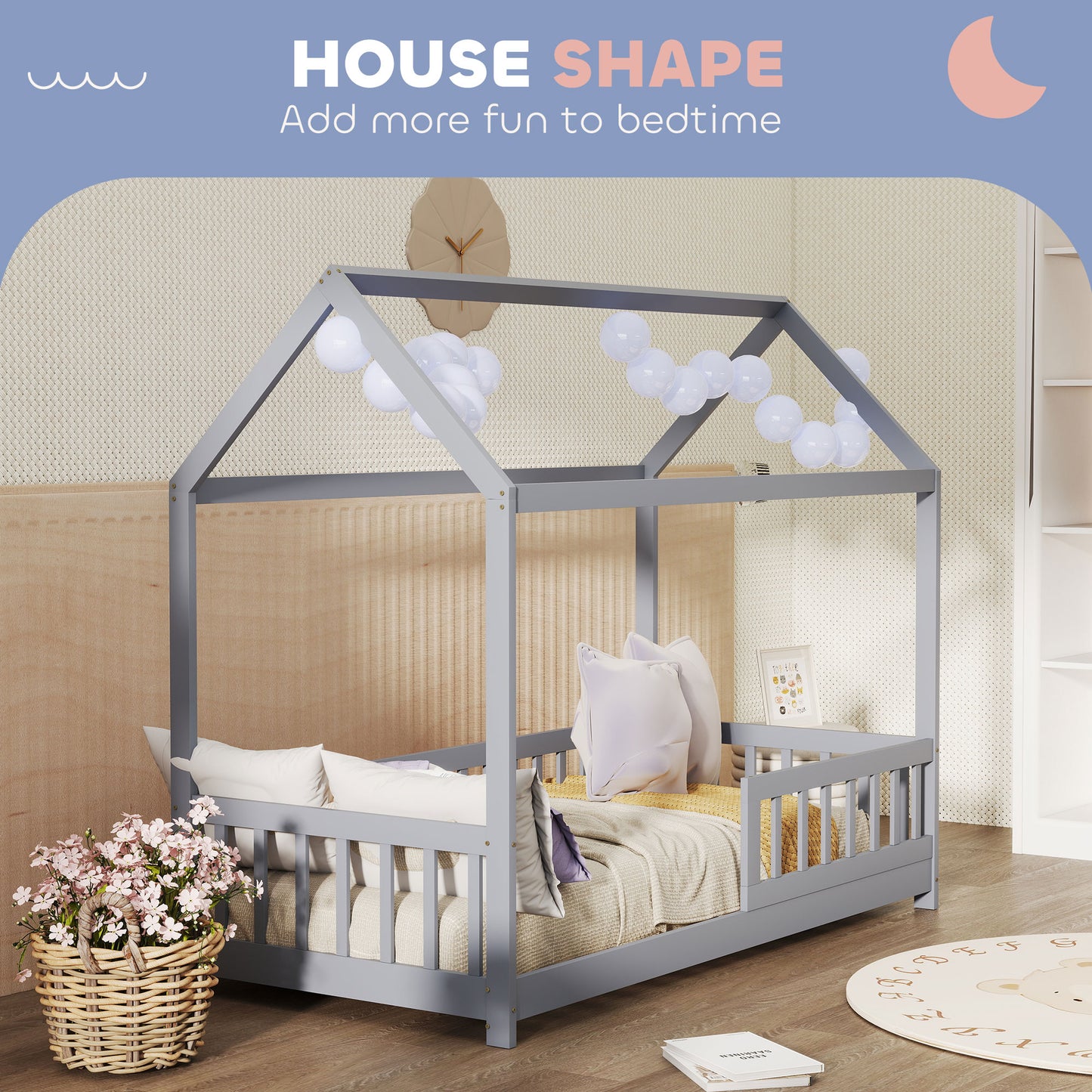 HOMCOM House-Shaped Kids Bed Frame with Guard Rails, Solid Pine Wood Single Bed Frame for Kids Boys and Girls, Grey