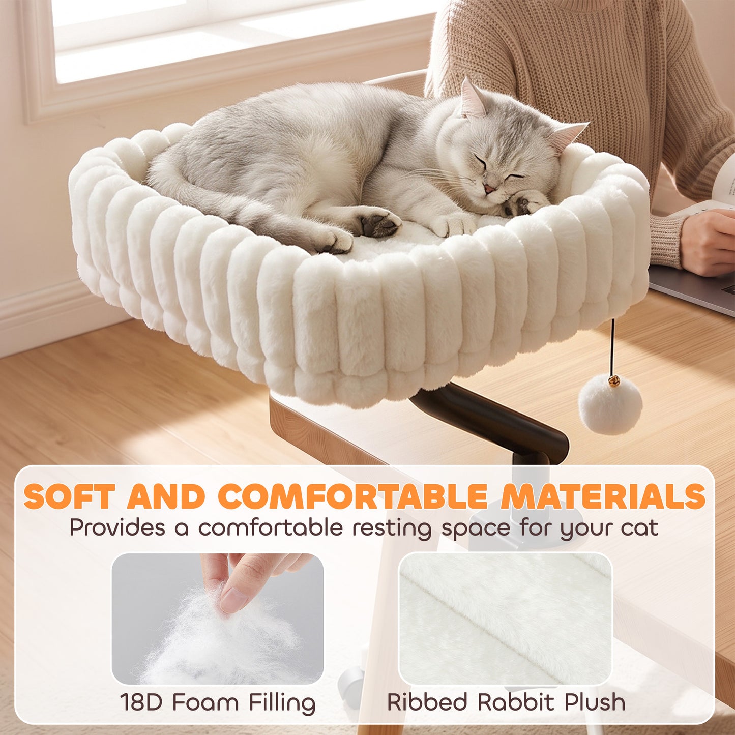 PawHut Cat Desk Bed, Rotatable Raised Cat House for Desk, Window, Soft Kitten Hammock with Hanging Ball, White
