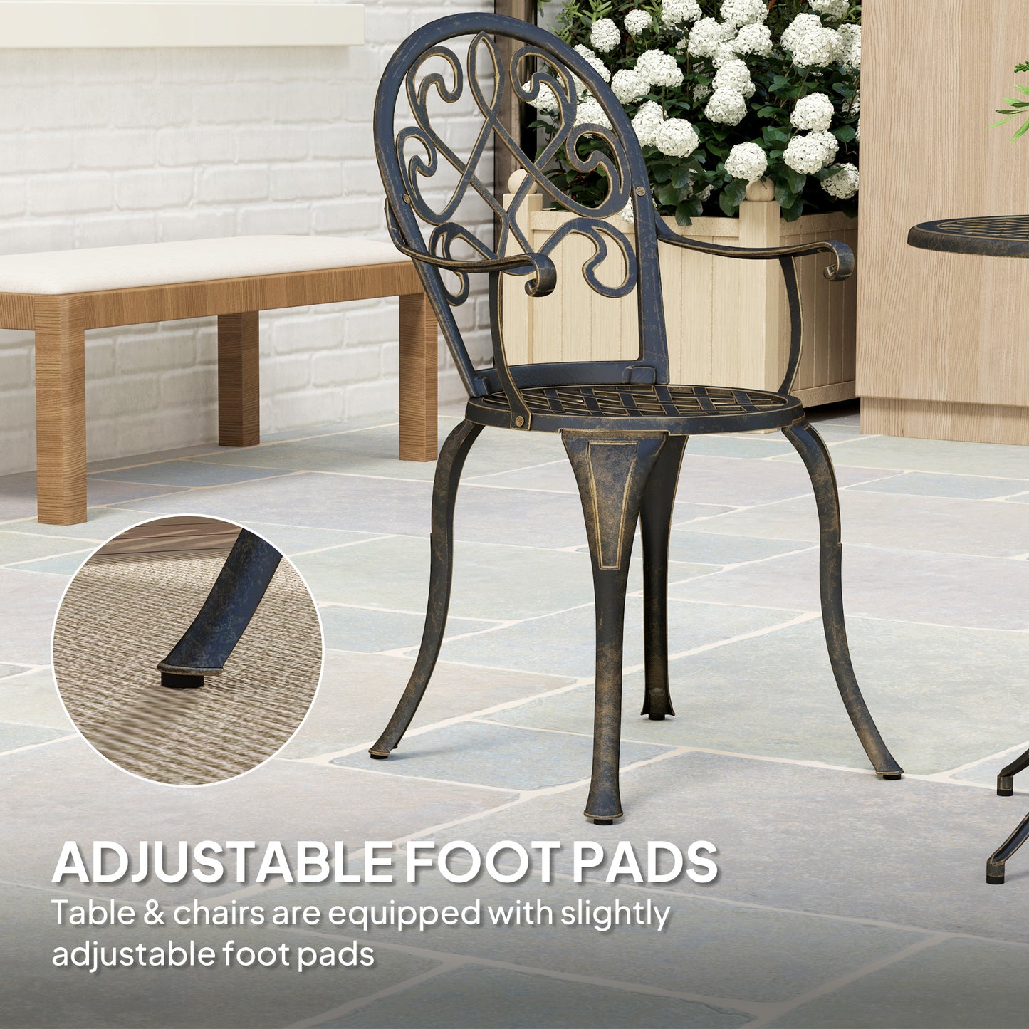 Outsunny 3 Piece Patio Bistro Set for 2, Outdoor Aluminium Garden Table and Chairs with Adjustable Footpads for Balcony, Garden and Patio, Bronze Tone