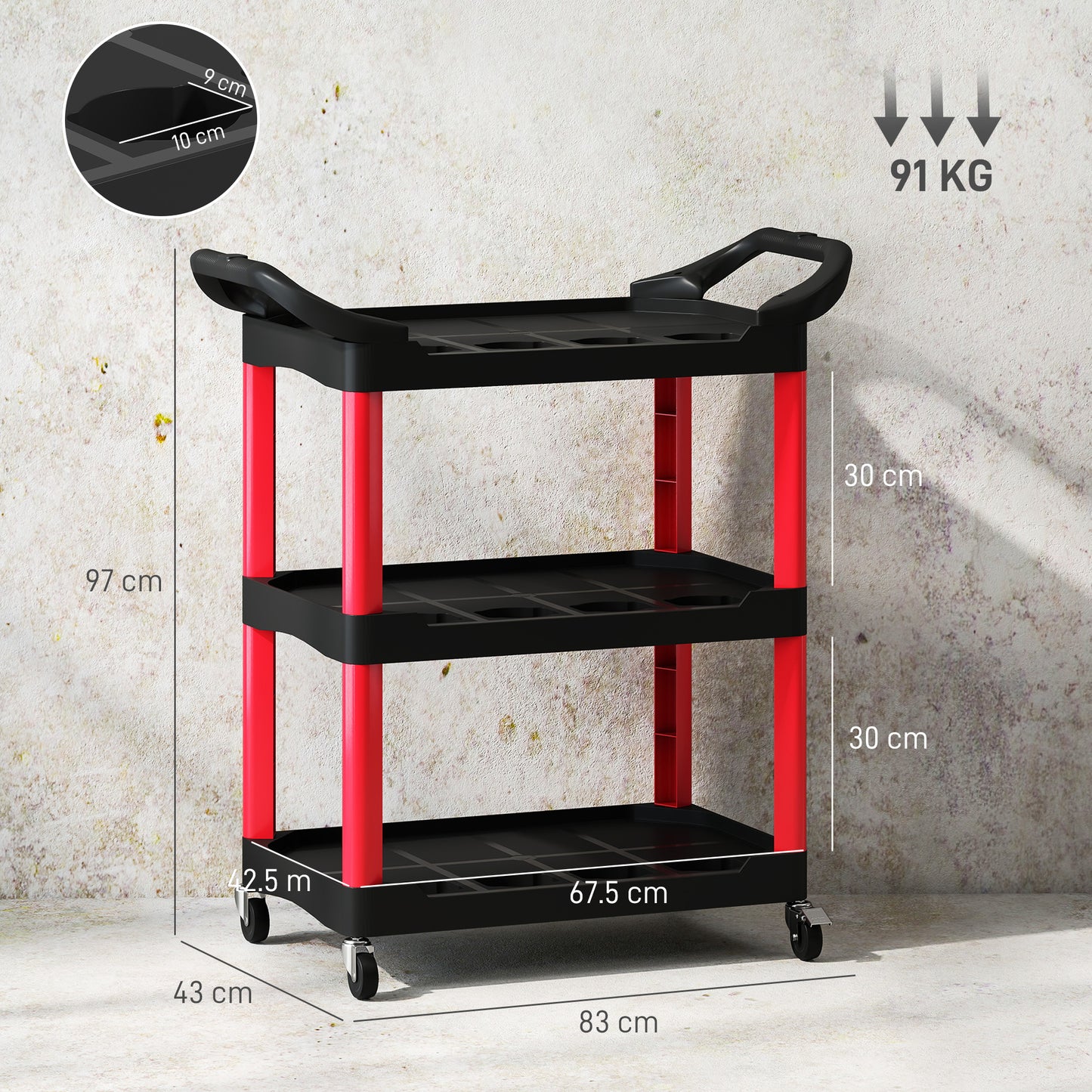 HOMCOM 3-Tier Rolling Tool Cart, Mobile Utility Trolley with Handles, 91kg Capacity for Garage/Mechanics/Warehouse, Black and Red
