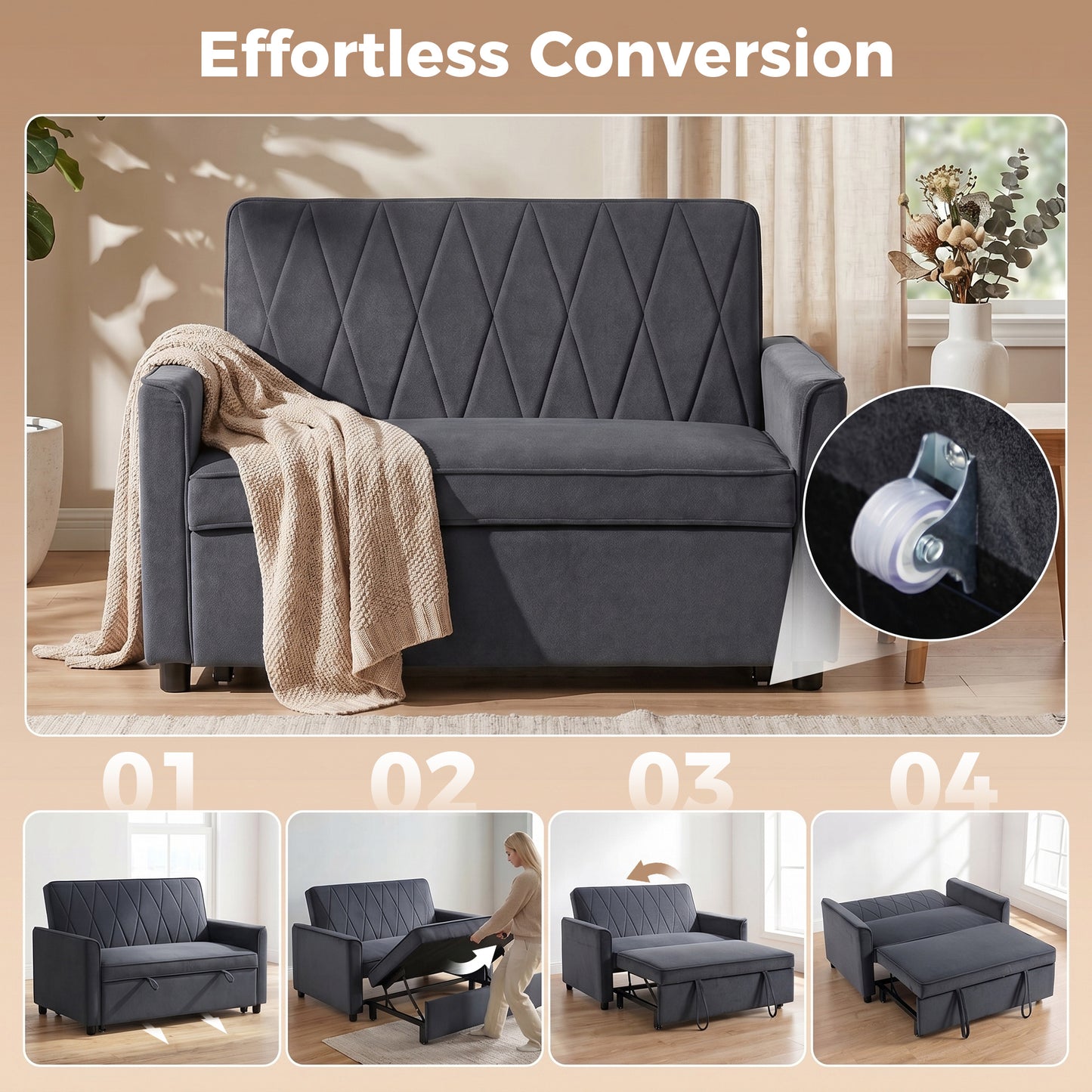 HOMCOM 2 Seater Sofa Bed, 3-in-1 Convertible Pull Out Sleeper Sofa with Click-Clack Adjustable Backrest, Dark Grey