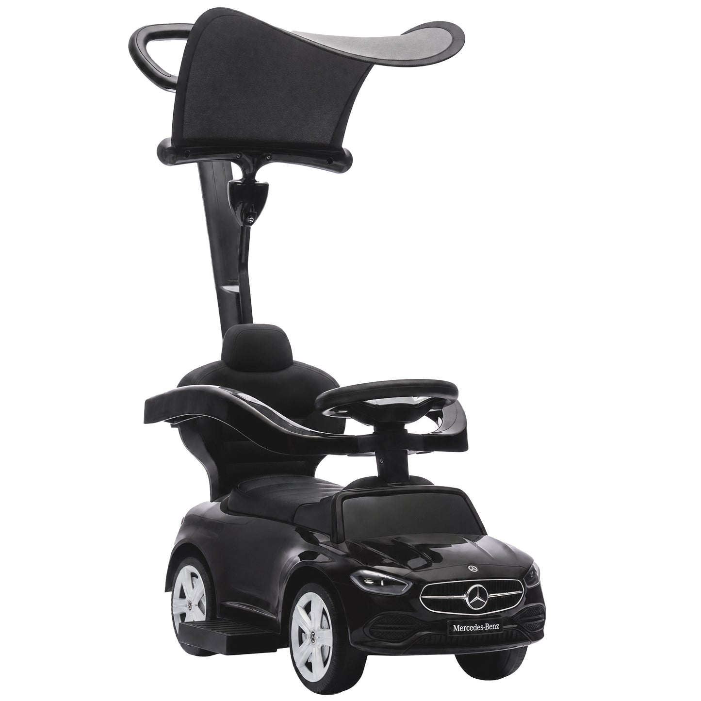 AIYAPLAY 4 in 1 Licensed Benz Ride on Push Car with Handle, Canopy, Guardrails, Horn, Music, Storage for 12-36 Months, Black