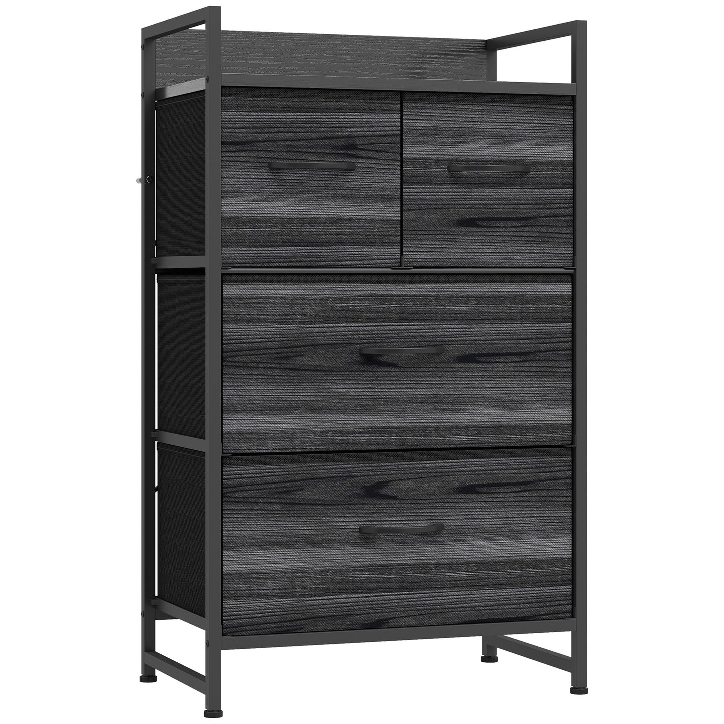 HOMCOM Rustic Chest of Four Fabric Drawers - Black Wood Effect