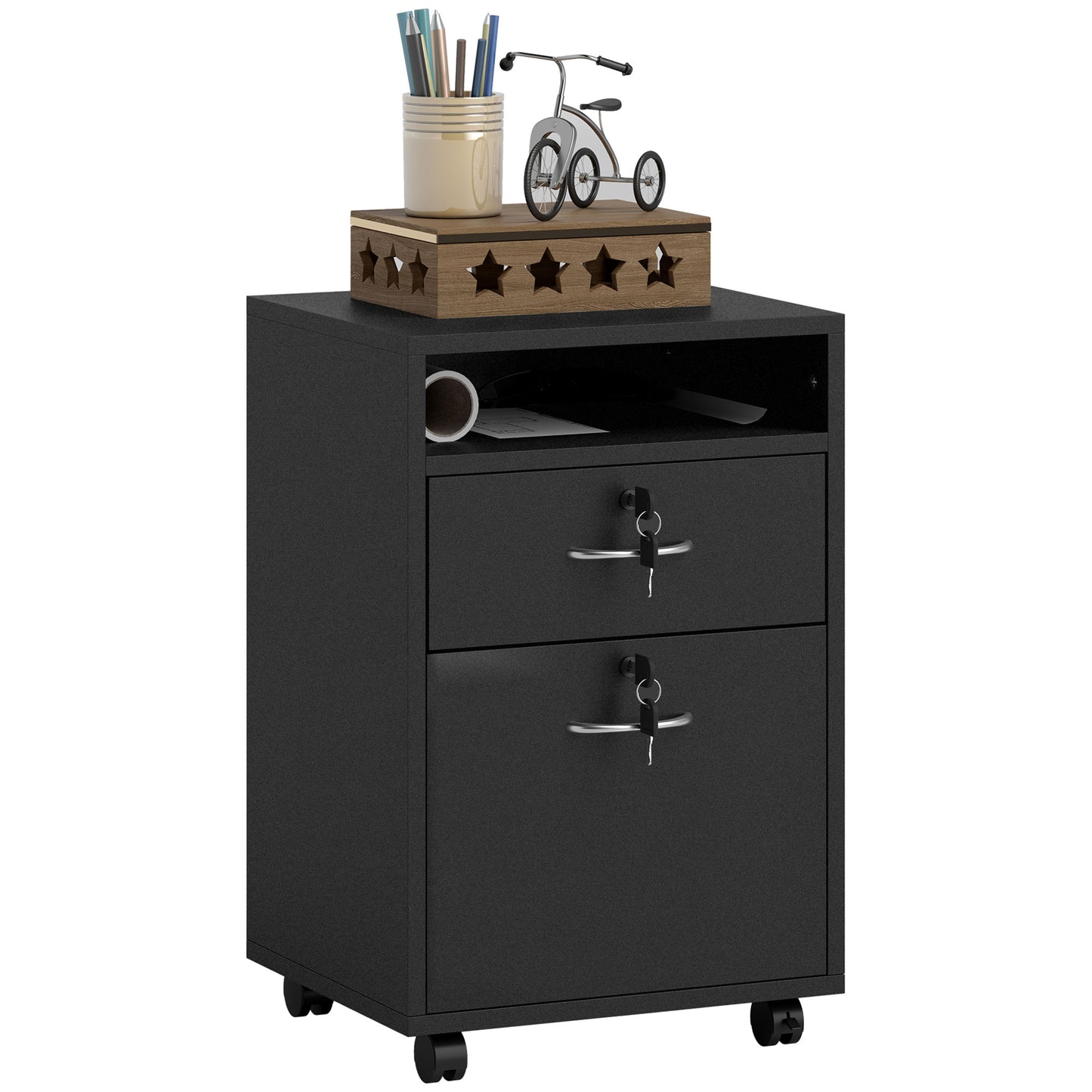 HOMCOM 60cm Filing Cabinet with Drawer, Open Shelf, Metal Handles and 4 Wheels, Office Home Organiser Mobile Printer, Black