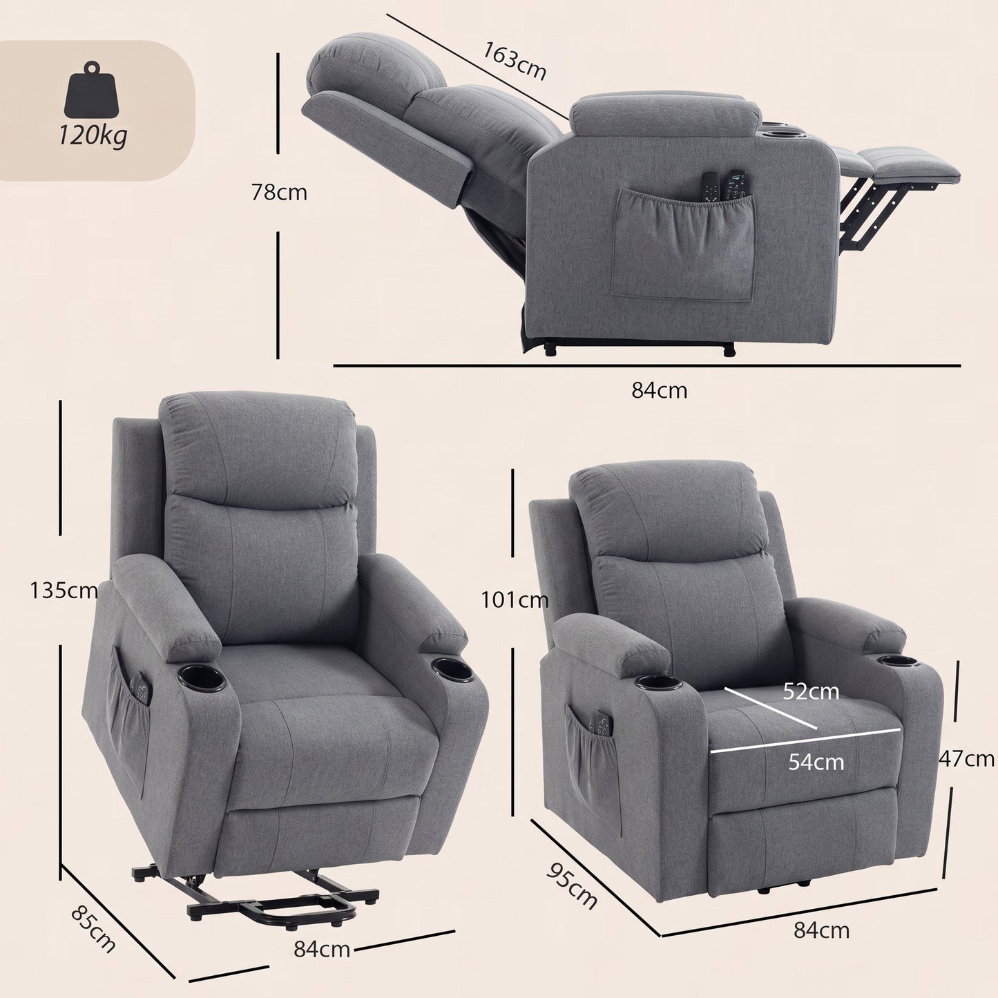 HOMCOM Riser Recliner Chair with Massage and Heat, Linen Electric Lift Armchair for Elderly with Spring Cushion, Dark Grey