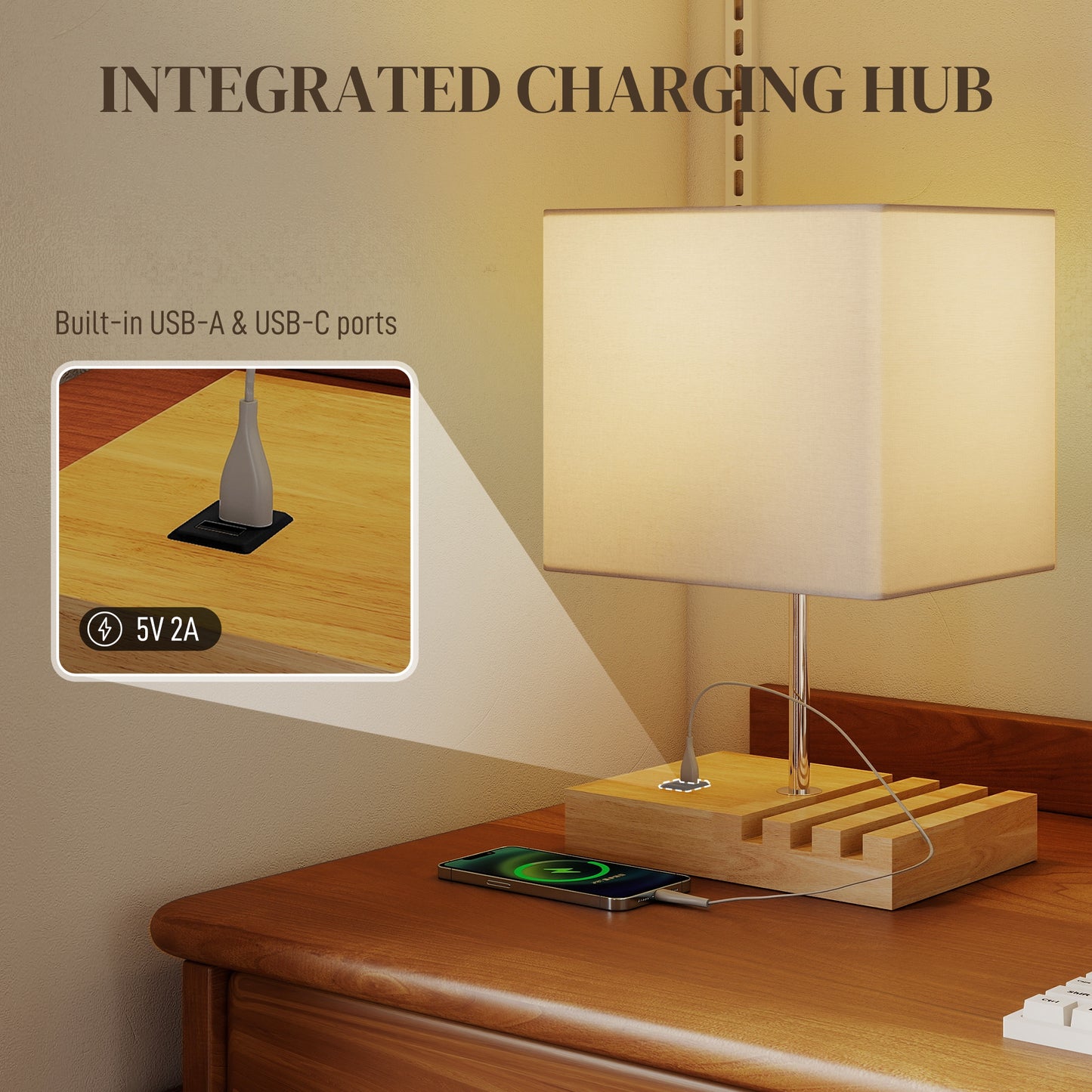 HOMCOM Bedside Lamp with USB A+C Charging Ports and 3 Phone Stands, Modern Table Lamp with Solid Wood Base E27 Socket, Bulb Not Included, White