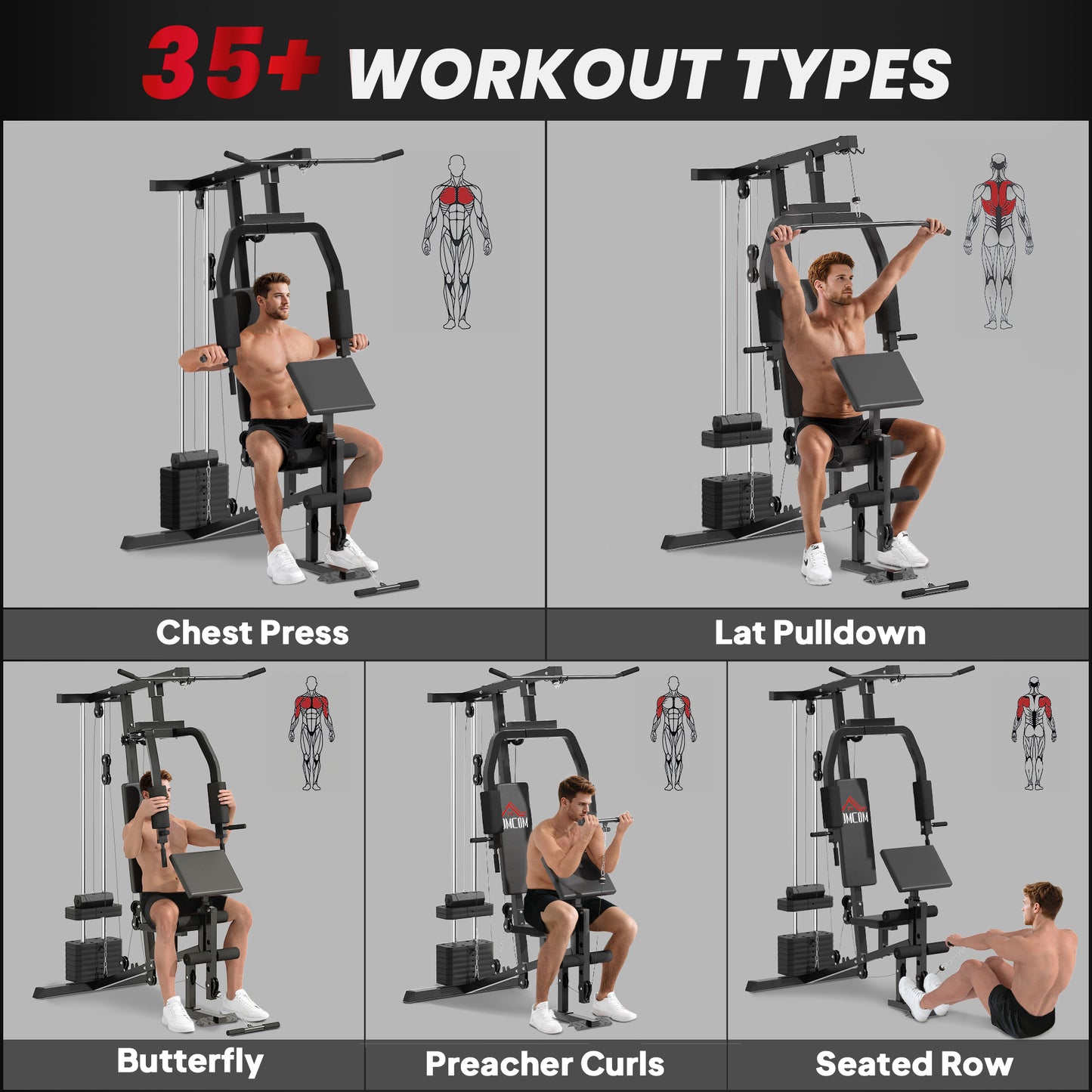 HOMCOM Multi Gym Equipment, 45KG Weight Stack, Chest Press, Butterfly Press & Leg Developer for Strength Training