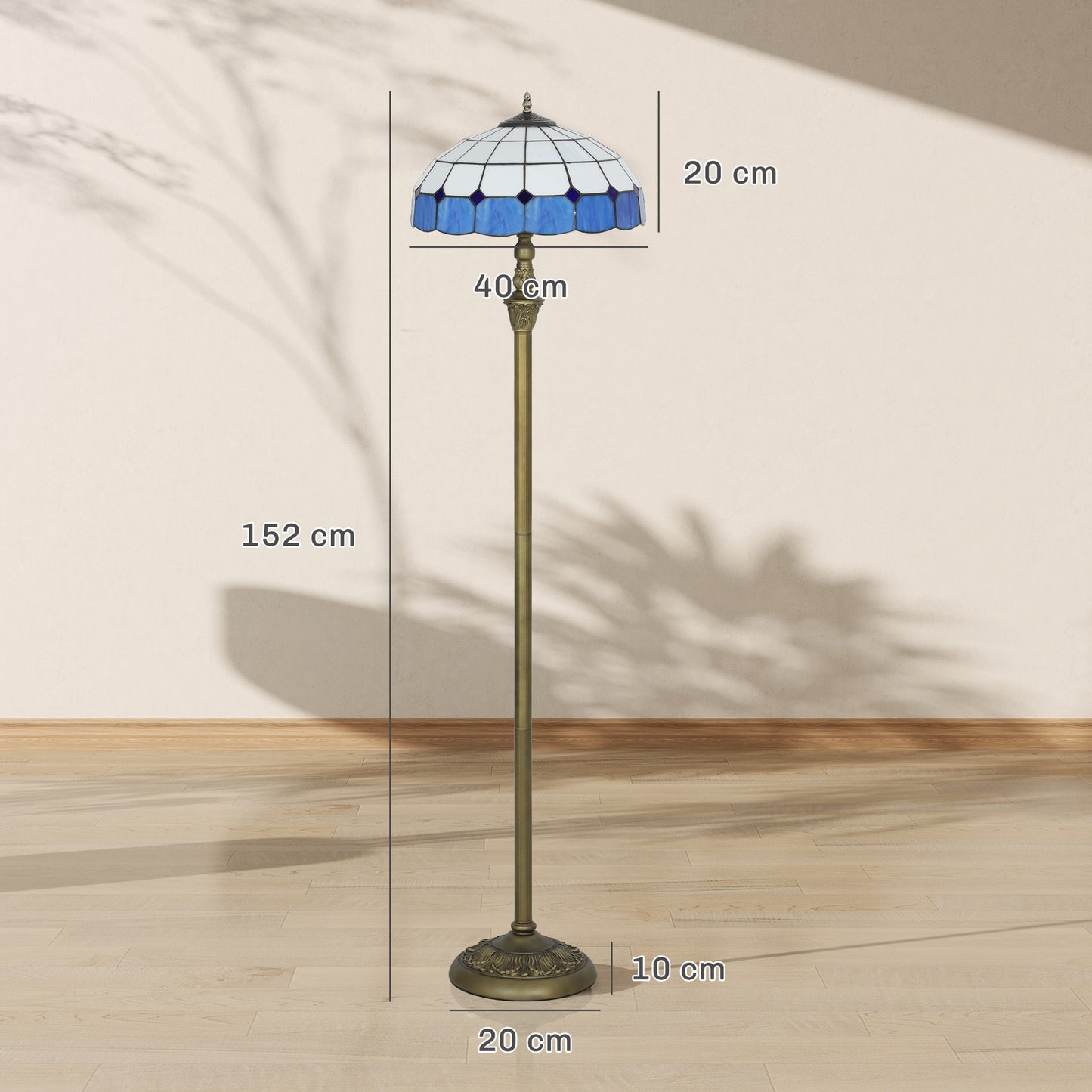 HOMCOM Tiffany-Style Floor Lamp, 152cm Vintage Standing Lamp with Stained Glass Shade & Foot Switch, Dual Sockets, Bronze Tone and Blue