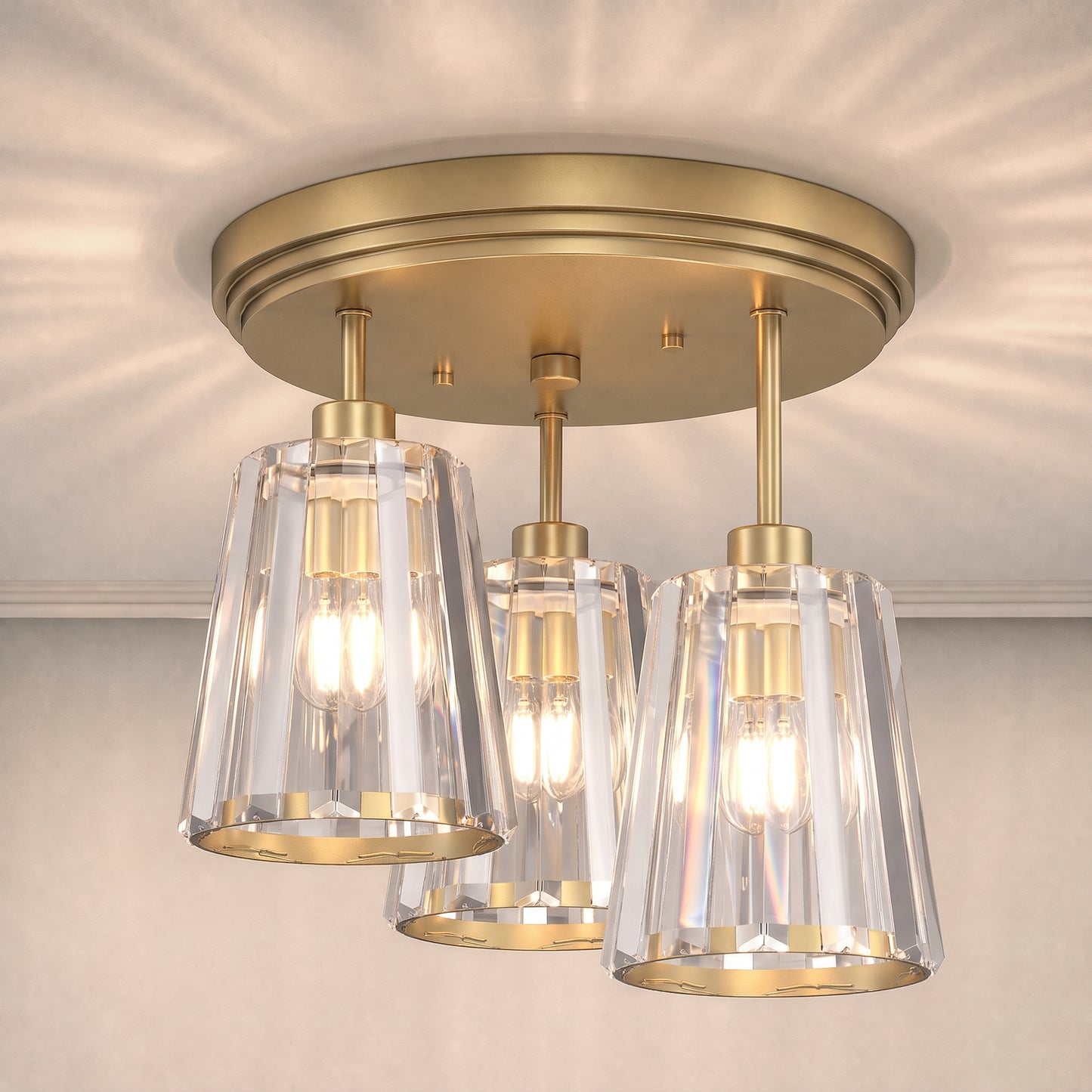 HOMCOM 3-Light Crystal Glass Ceiling Light, Triple Head with Dual Mounting, Modern Ceiling Lamp for Living Room, Gold Tone
