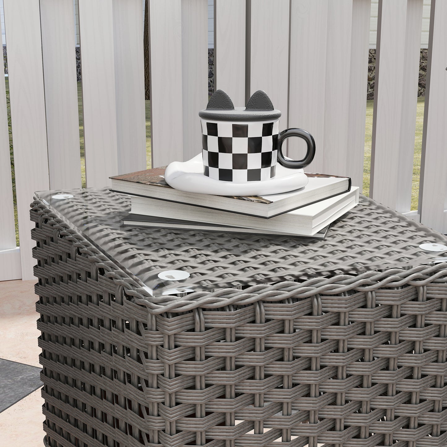 Outsunny 3-Piece Rattan Bistro Set, Glass Top Table & Cushioned Chairs for Patio, Balcony, Garden, Light Grey