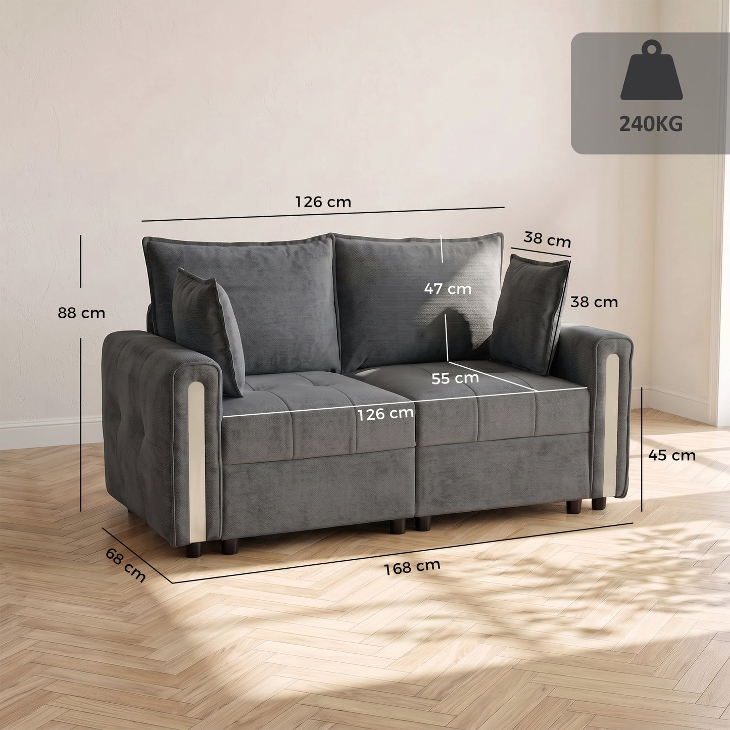 HOMCOM 2 Seater Sofa with Lift-Up Storage, 168 cm Comfy Velvet Small Couch with Wide Deep Seat Dark Grey