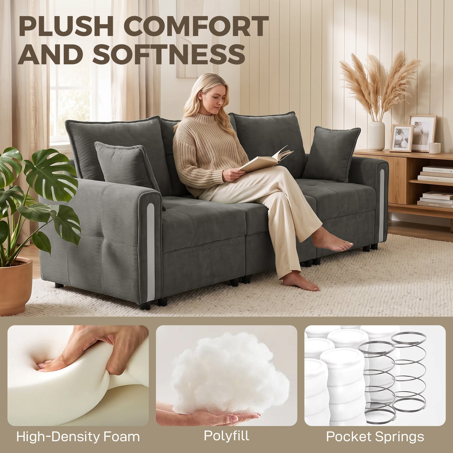 HOMCOM 3 Seater Sofa with Lift-Up Storage, 228cm Comfy Velvet Couch with Wide Deep Seat, Dark Grey