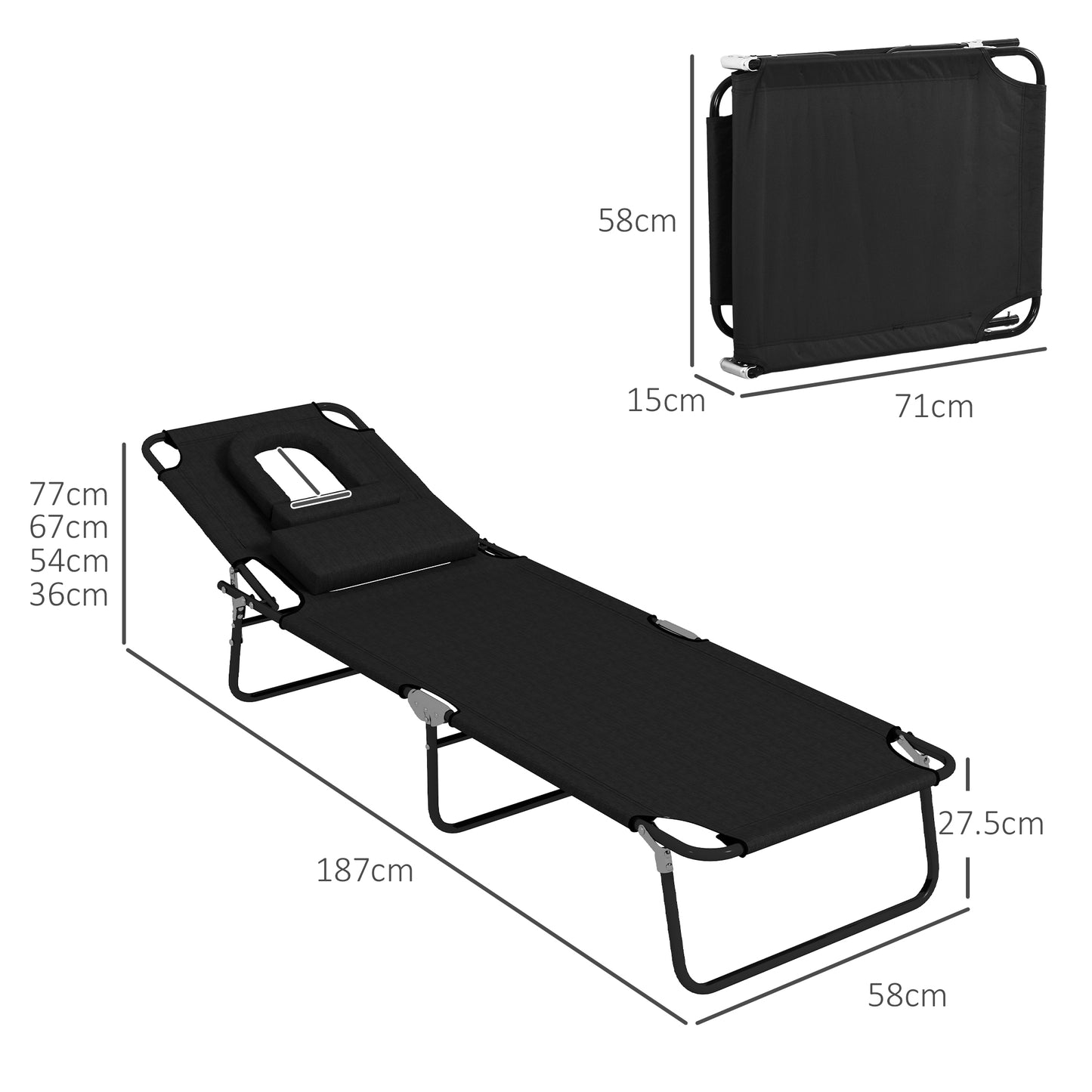 Outsunny Adjustable Backrest Foldable Sun Lounger Set with Pillow - Black