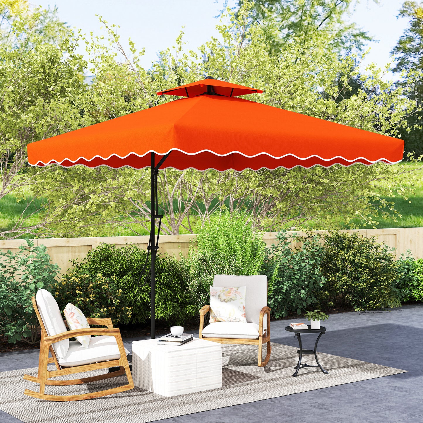 Outsunny 2.5m Cantilever Parasol, Square Double Top Garden Umbrella with Ruffles, Cross Base, Overhanging Sun Shade, Orange