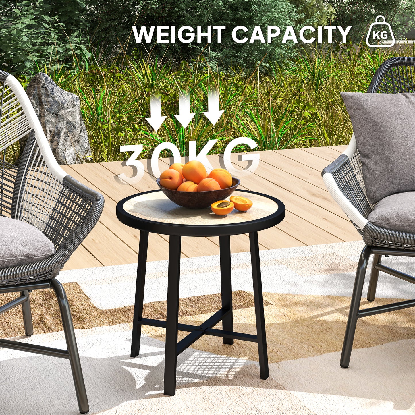 Outsunny Round Small Garden Table, 50.5cm Outdoor Side Table with SPC Tabletop, Metal Frame, Anti-slip Feet for Garden, Balcony, Wood Finish