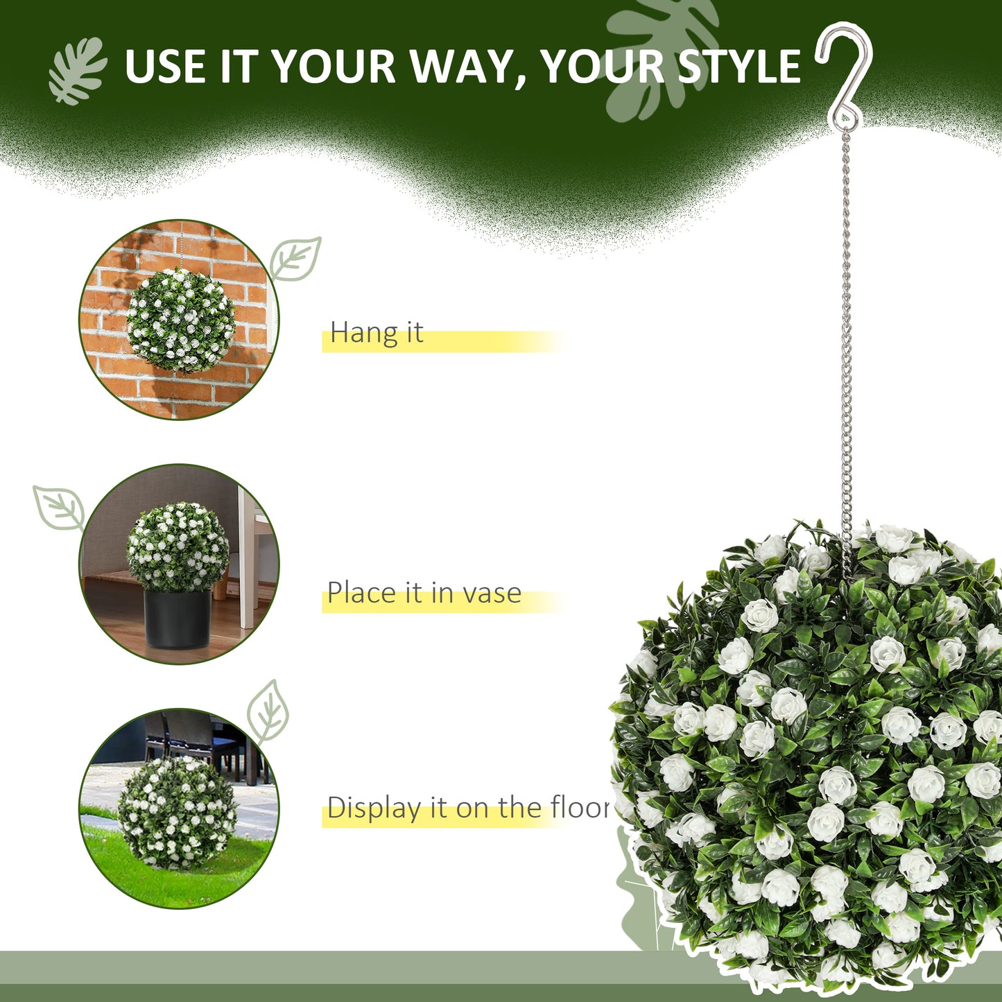 HOMCOM Set of 2 Artificial Plants, UV-Protected Topiary Rose Balls, 28cm, White