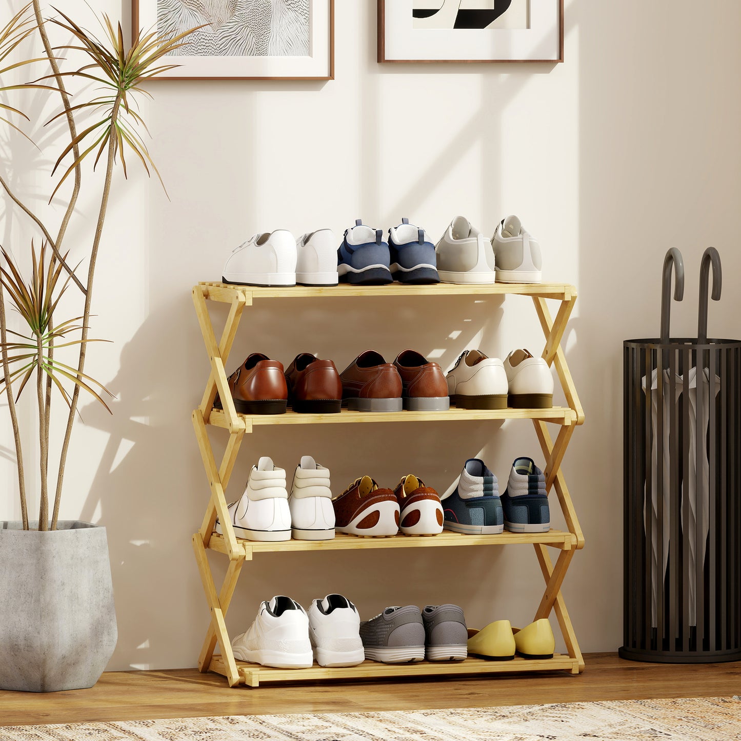 HOMCOM 4-Tier Bamboo Shoe Rack, No Assembly - Natural