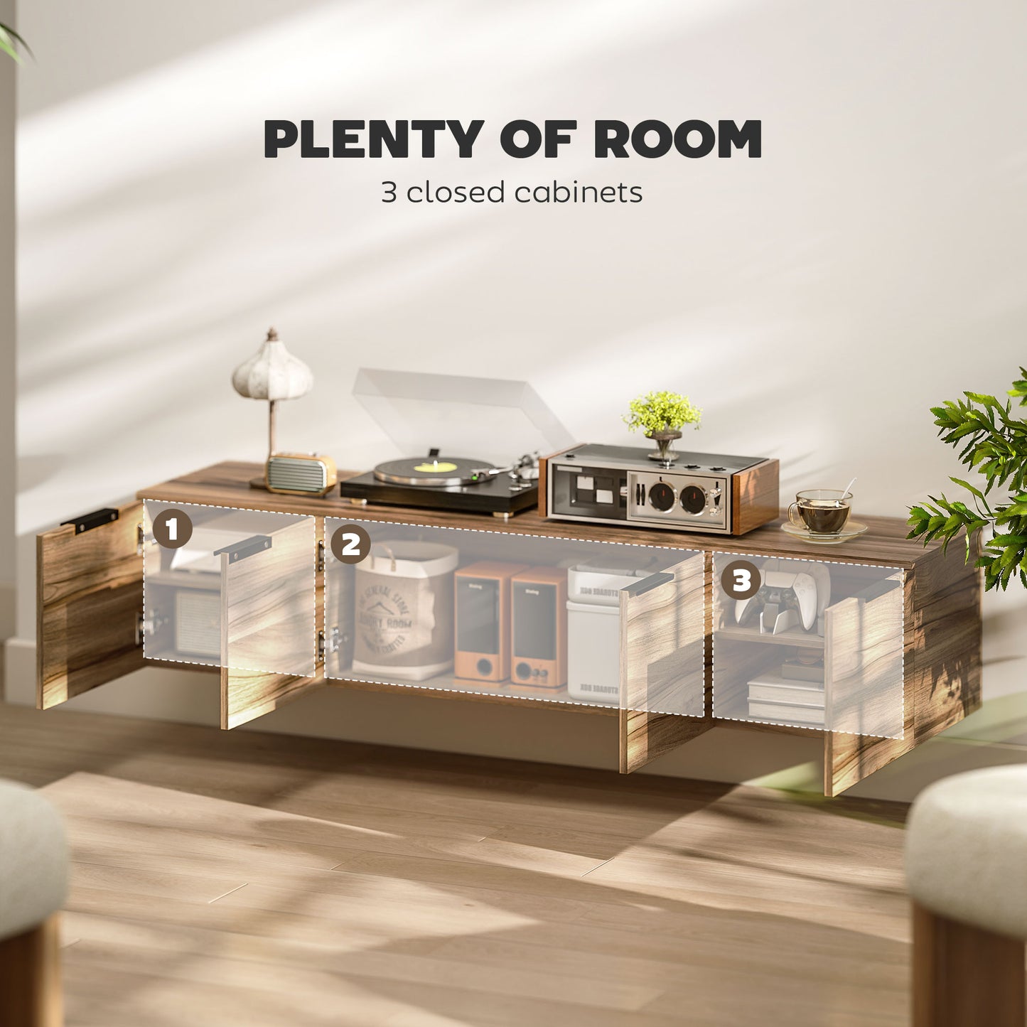 HOMCOM Wall Mounted TV Stand, 150 cm Floating Unit with Shelves and Doors, Media Console for Living Room, Bedroom, Rustic Brown