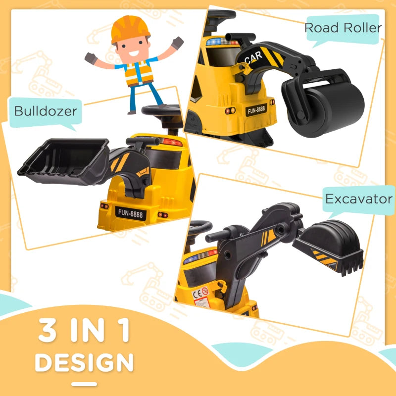 HOMCOM 3 in 1 Ride-On Excavator, Bulldozer, Road Roller, with Music, Anti-Roll Device, for Ages 18-48 Months - Yellow