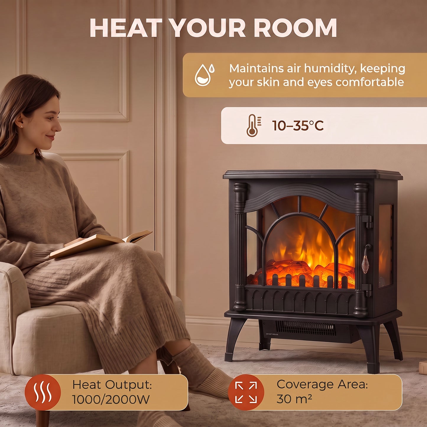 HOMCOM 3-Sided Glass Electric Fire Fan Heater, Electric Fireplace Stove Freestanding Log Burner with Flame Effect, Black