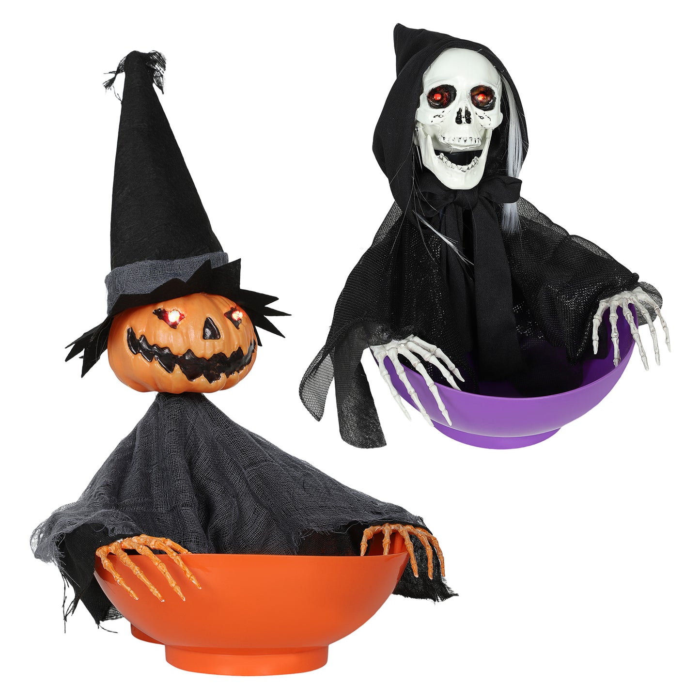 Outsunny 2pcs Animated Halloween Skull Bowl with LED Eyes, Moving Body, Creepy Sound, Skeleton Ghost Candy Dish for Party Decoration