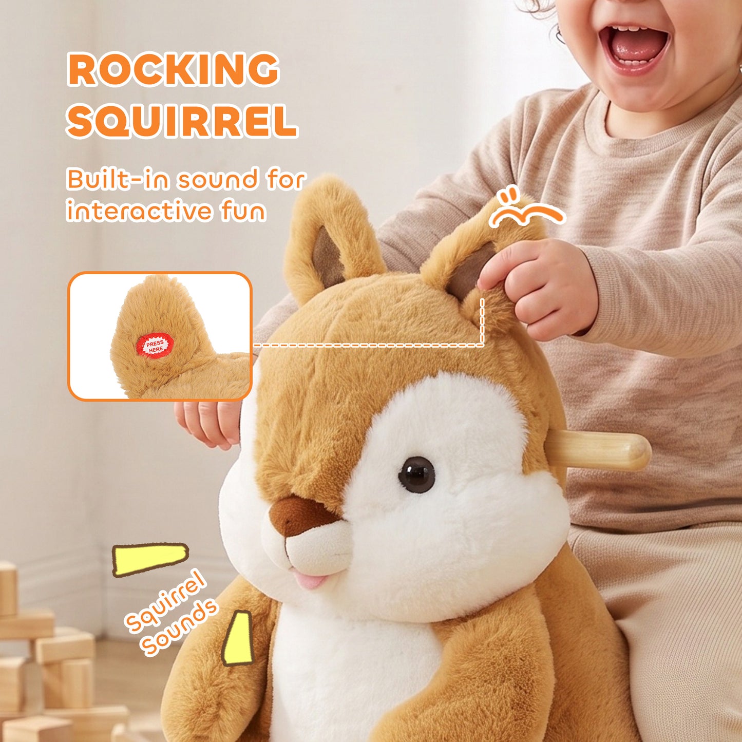 AIYAPLAY Rocking Horse, Stable Plush Ride on Horse Squirrel Design with Animal Sounds, Security Belt for Toddlers 1-3 Y, Brown